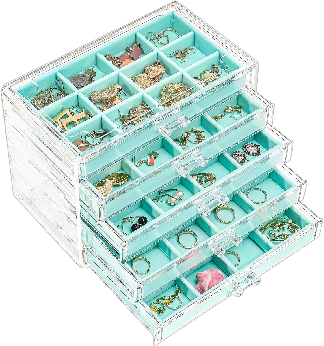 SnelShoppen - Earring Organizer Sieraden Organizer Doos met 5 Lades, Acryl Stapelbare Sieraden Houder Transparante Oorbellen Opbergdoos met Verstelbar