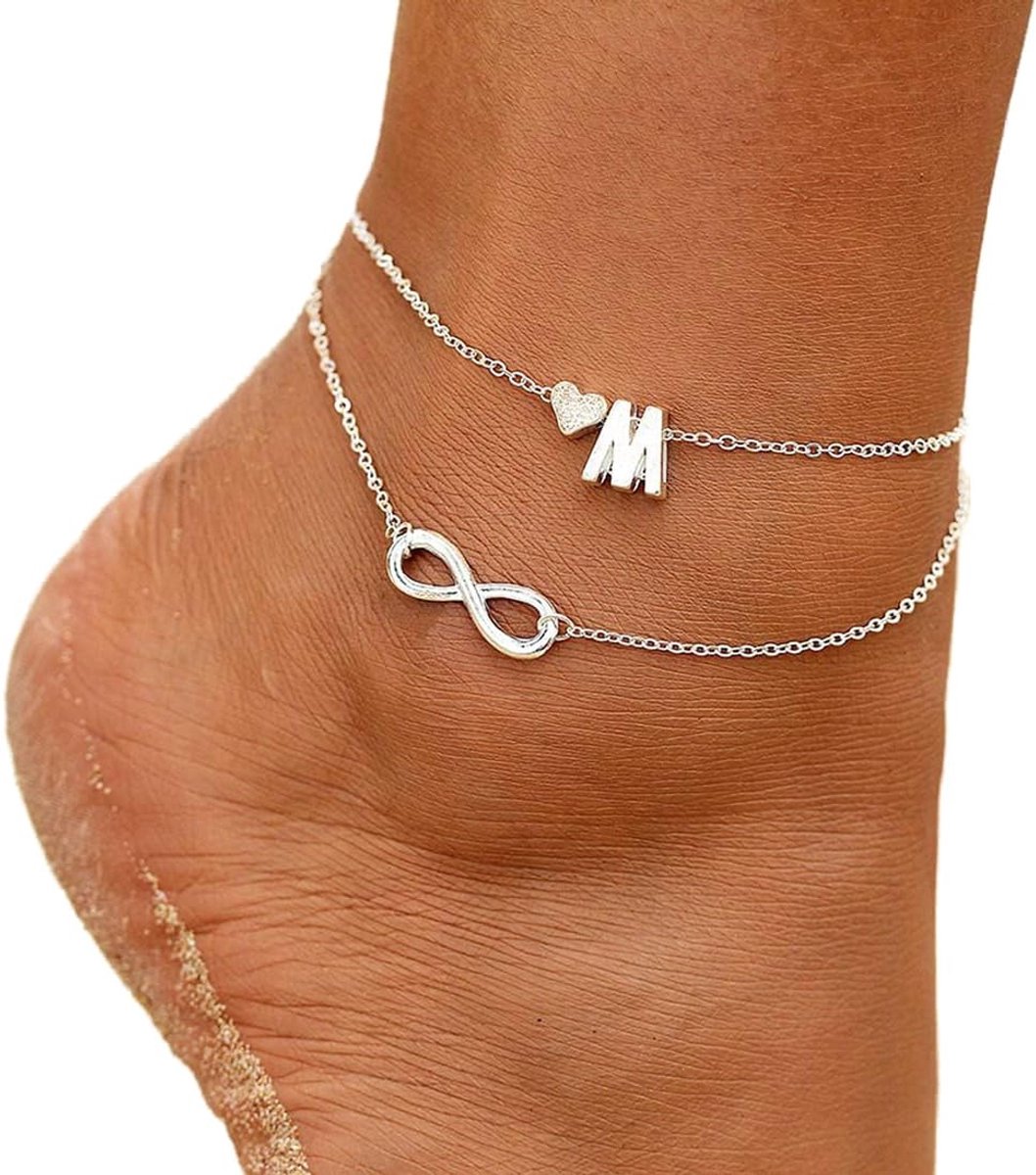 SnelShoppen - Boho Enkelbandje Hart Zilver Geluk 8 Enkelarmbanden Verstelbaar Voet Sieraad voor Dames en Meisjes