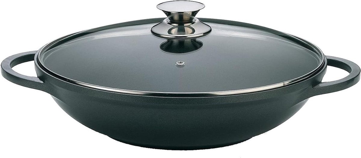 Wokpan met Deksel - Roerbakpan - Gezond Koken - Gegoten Aluminium - 36 cm - Zwart