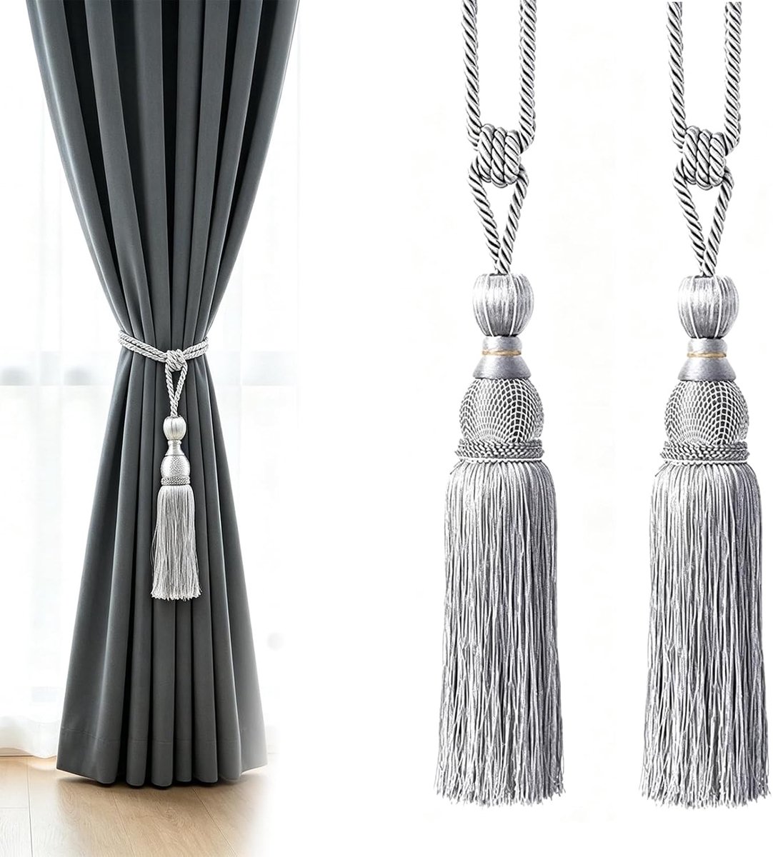 SnelShoppen - 2 Stuks Gordijntassels, Handgemaakte Gordijnhouders met Kwasten, Decoratieve Tiebacks, Zilvergrijs, Voor het Decoreren en Afronden van G