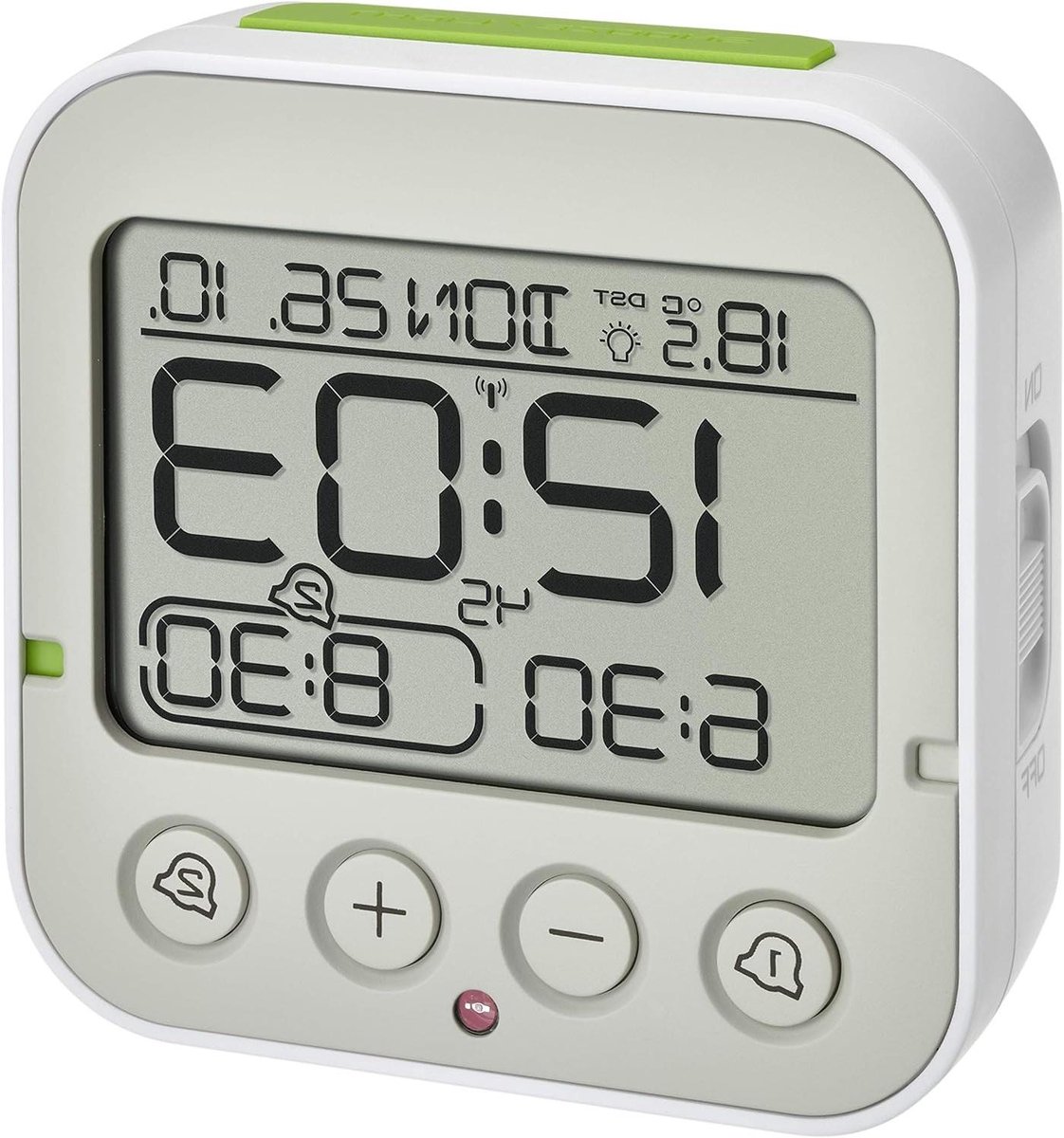 Digitale Wekker - Radiogestuurd - Tijd Bijhouden - Dubbel Alarm - 96 mm Hoog - Wit