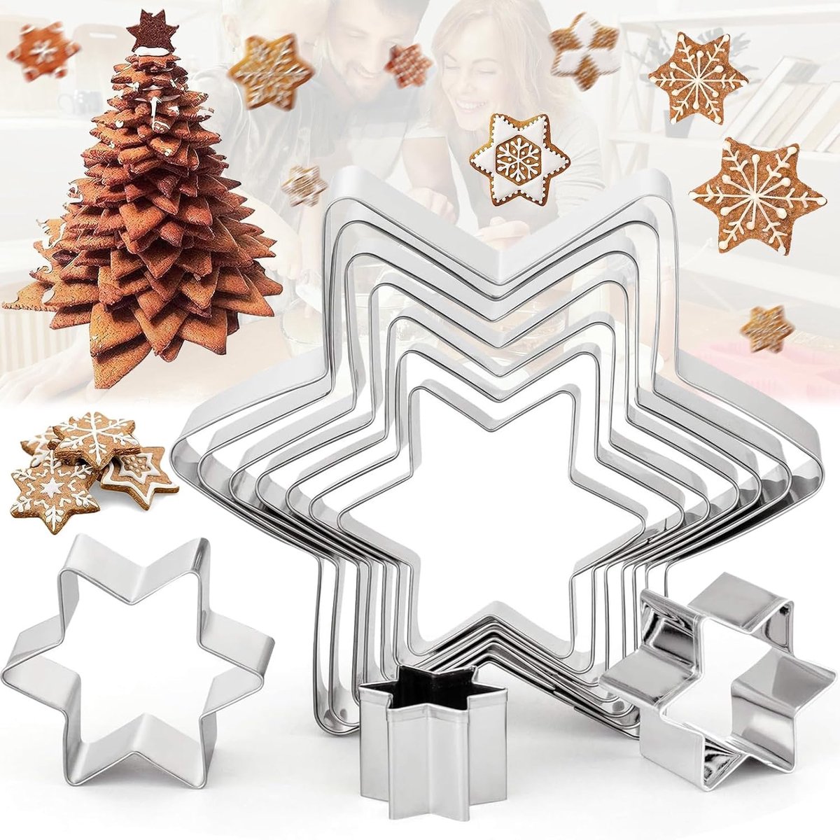 SnelShoppen - 10 RVS Hexagon Ster Koekjesvormen, Bakvormen voor Koekjes, DIY Knutselmateriaal voor Kinderen, Voedselveilige en Duurzame Mallen voor Fe