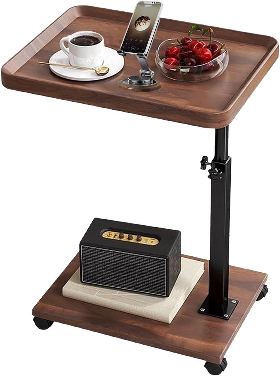 Verstelbare bijzettafel - Draaibaar tafelblad - Comfortabel werken - Met blokkeerbare wielen - 40x30 cm - Bruin walnoot