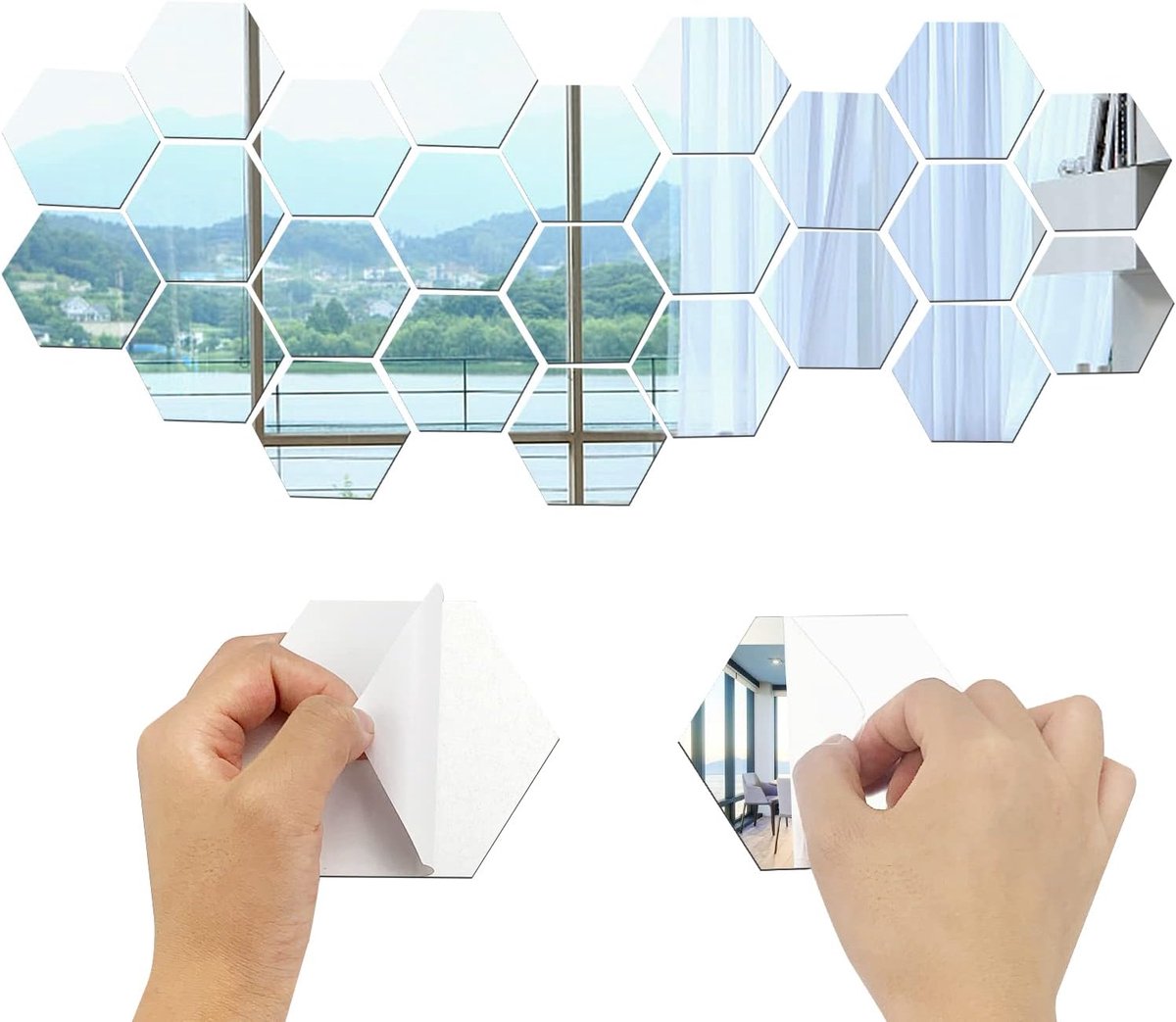 SnelShoppen - Pack van 24 Hexagonale Verwijderbare Wandstickers DIY Decoratie voor Thuis met Spiegel Effect - Milieuvriendelijk, Waterdicht, Zelfkleve