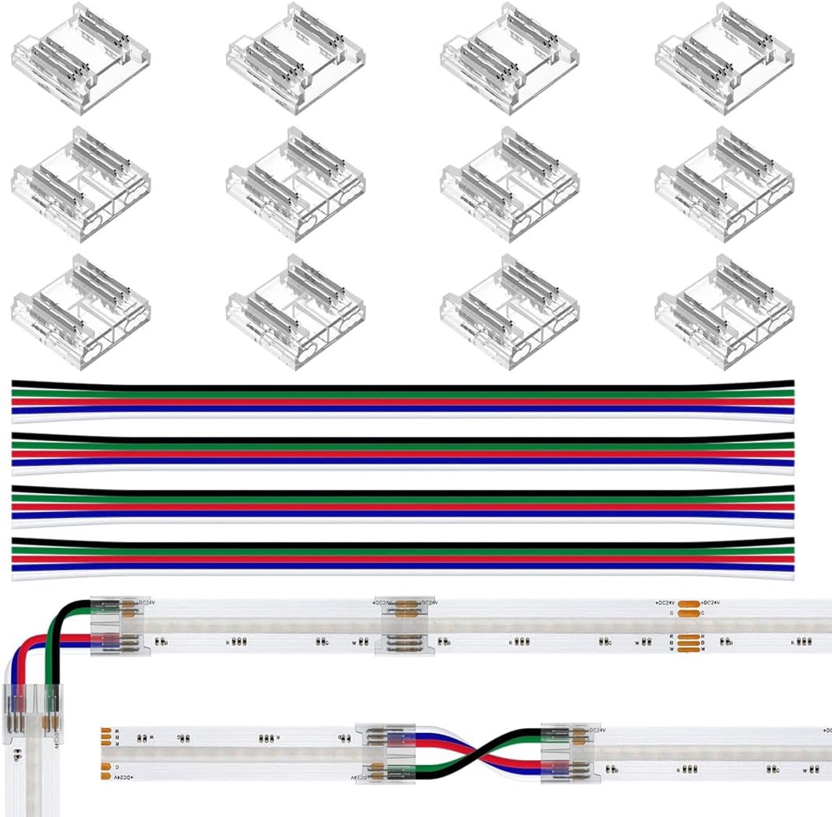 SnelShoppen - 12-delige FCOB RGBW 5pin 12mm Connector Kit met 4x 15cm 24AWG Verlengkabel voor Split-Vrije Soldeerverbindingen en Flexibele LED Aanslui