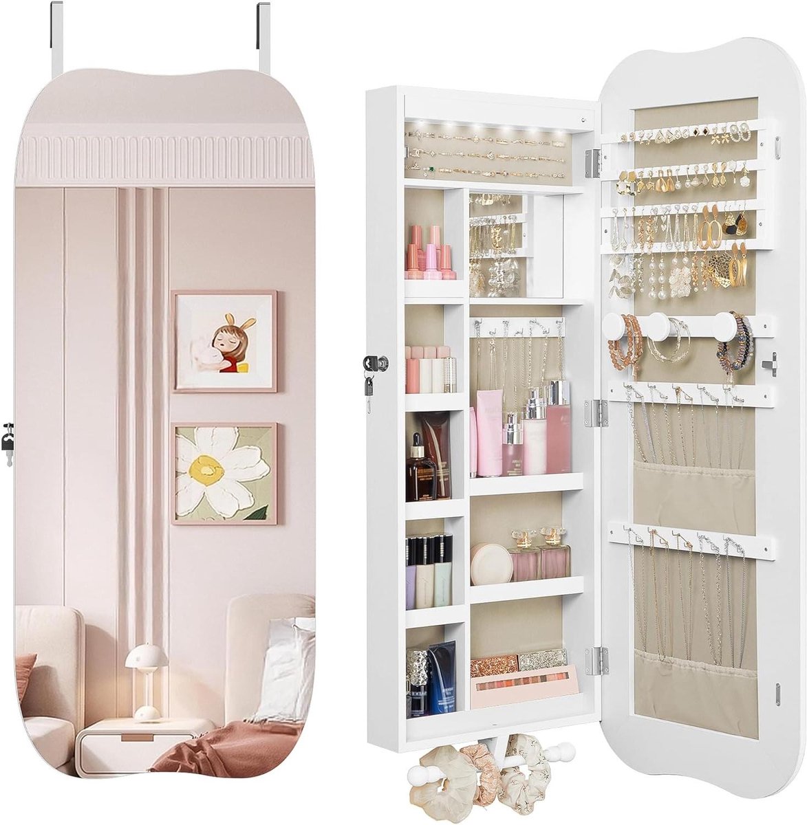 Sieradenkast met spiegel - Wandkast organizer - Sieraden opbergen - Ingebouwde LED verlichting - 42 x 108 cm - Wit