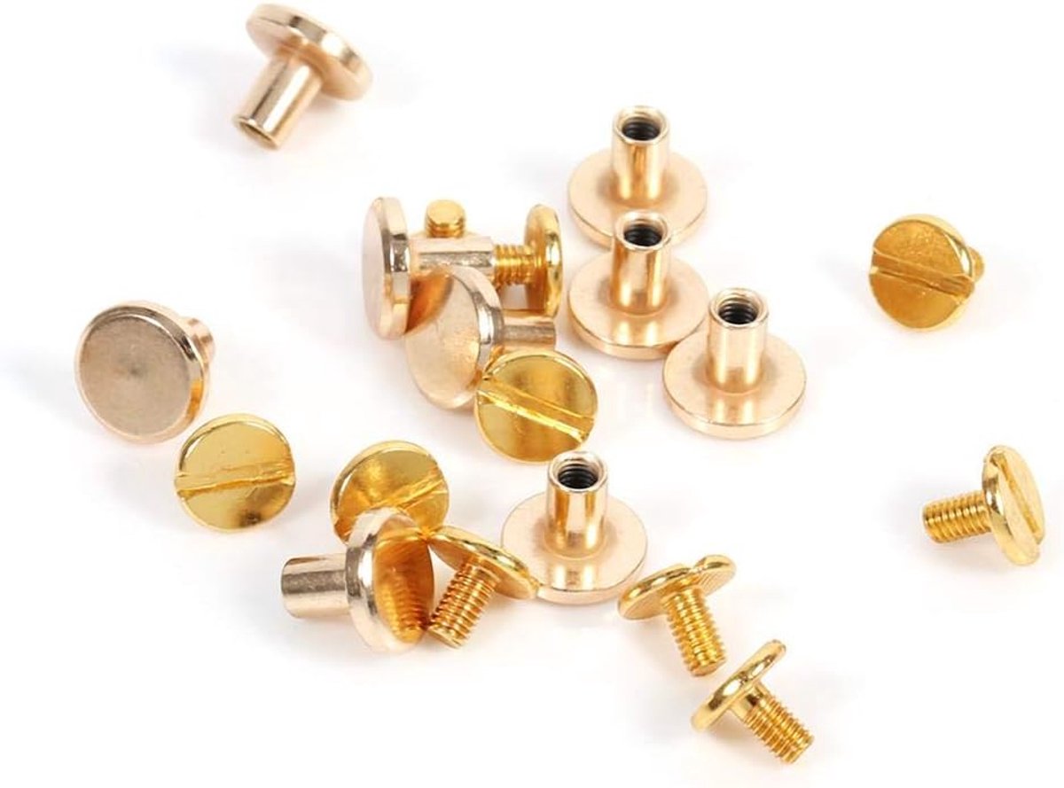 SnelShoppen - Craft Messing Nieten Set, 10 Stuks Platte Leren Studs met Schroefdop voor Leren Bewerking, Riem, Fotoalbum, 8mm Goudkleurig