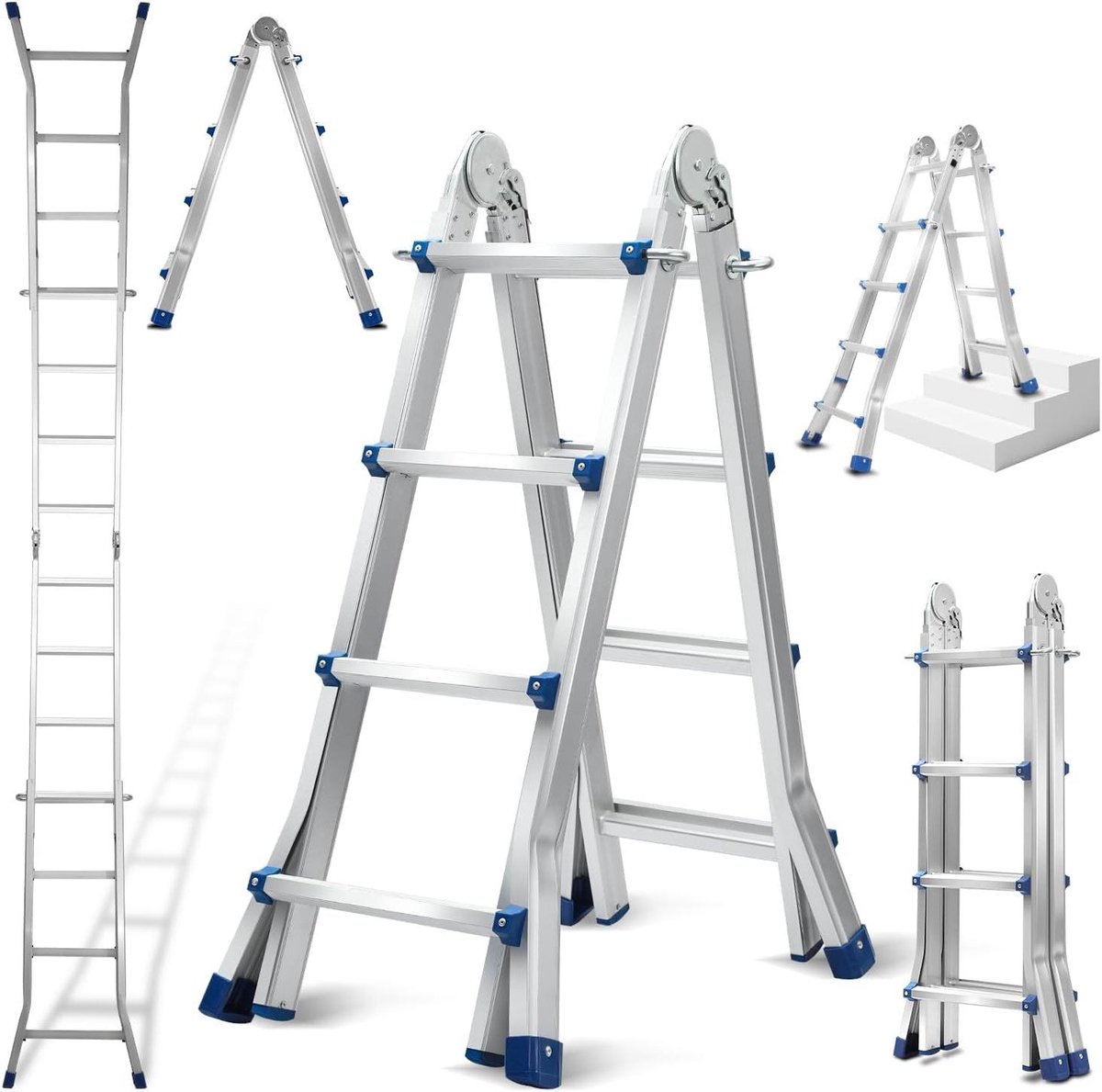 Telescoopladder Aluminium - Inklapbare Ladder - Multifunctioneel Klussen - Belastbaar 150 kg - 402 cm Hoog - Zilver