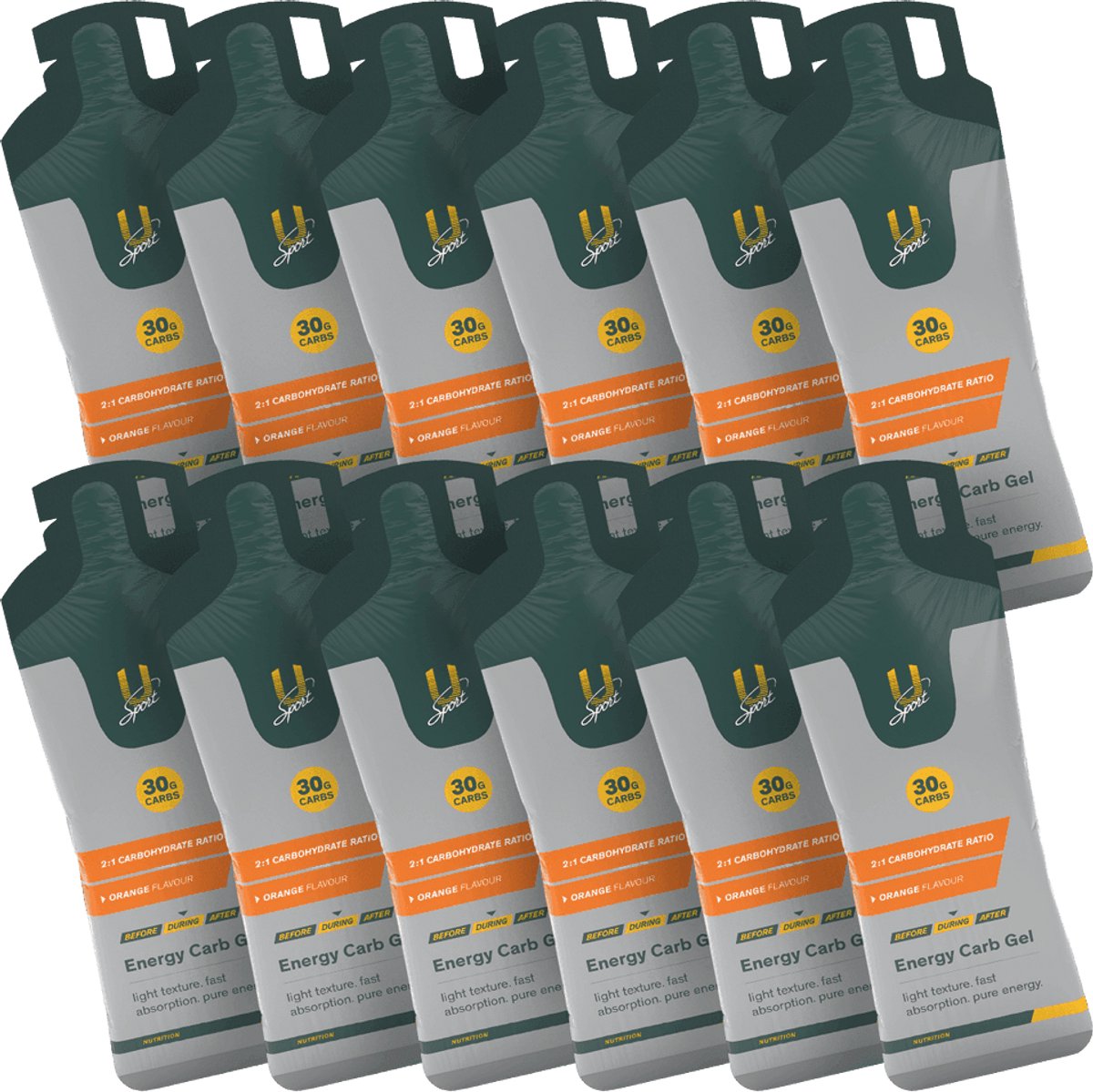 U-Sport Energy Carb Gel - Sinaasappel - 12 x 55g - Energiegel met 30g Koolhydraten - 2:1 Verhouding - NZVT - Vegan