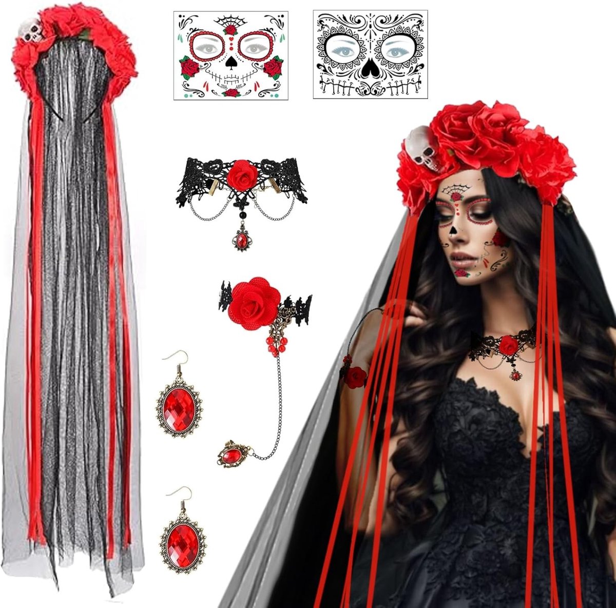 Dodenfeest Kostuumaccessoires voor Halloween, Dia de los Muertos Rozen, Schedel Haarband, Sluiers, Gezichtstatoeages, Gothic Sieraden voor Carnaval en Feestjes