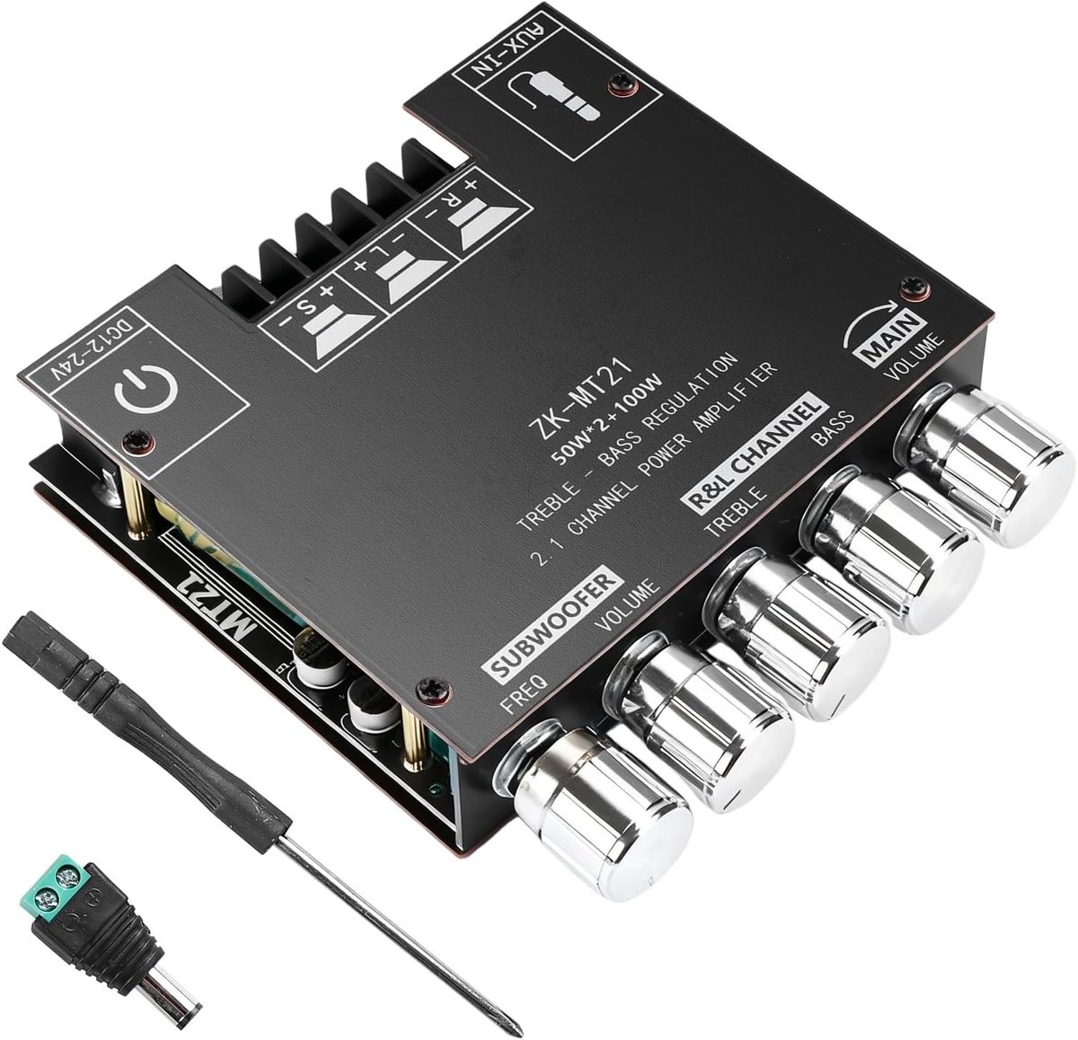 Krachtige HiFi Audio Versterker met 2.1 Kanaal Subwoofer, Bluetooth, Bass- en Hoogtecontrole, Geschikt voor Passieve Luidsprekers en AUX-ingang
