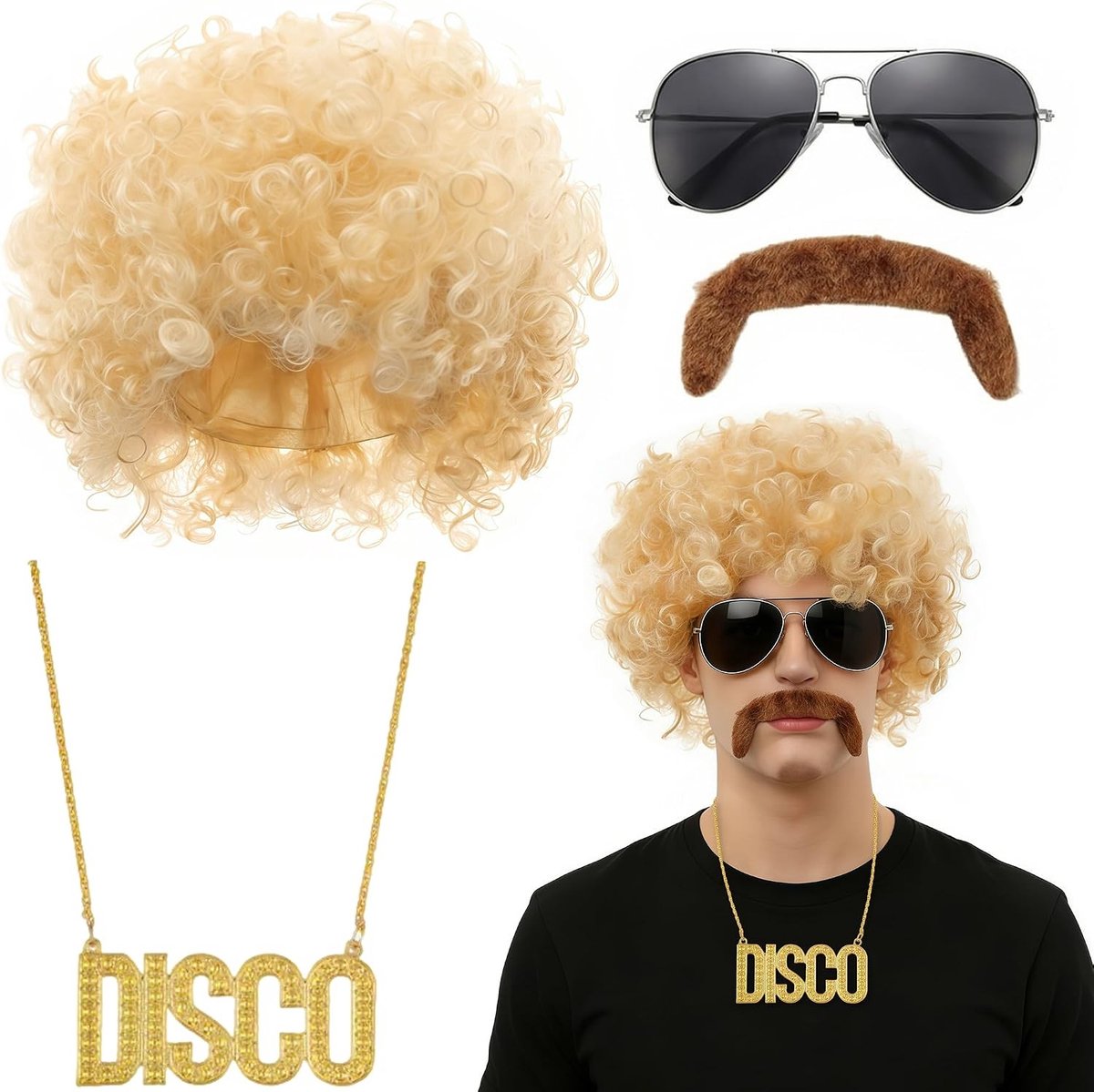 80s Disco Kostuum voor Mannen met Perkament, Zonnebril en DISCO Ketting voor Carnaval en Feestjes in Lichtgoud