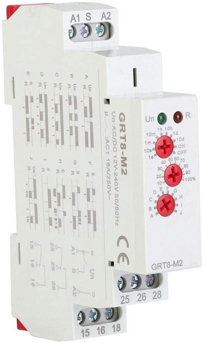 SnelShoppen - GRT8-M2 Multifunctionele Tijdrelais, Analoge Instelbare Vertraging Relay met 10 Functies, Vertragingstijd Relay voor DIN-Rail Montage, T