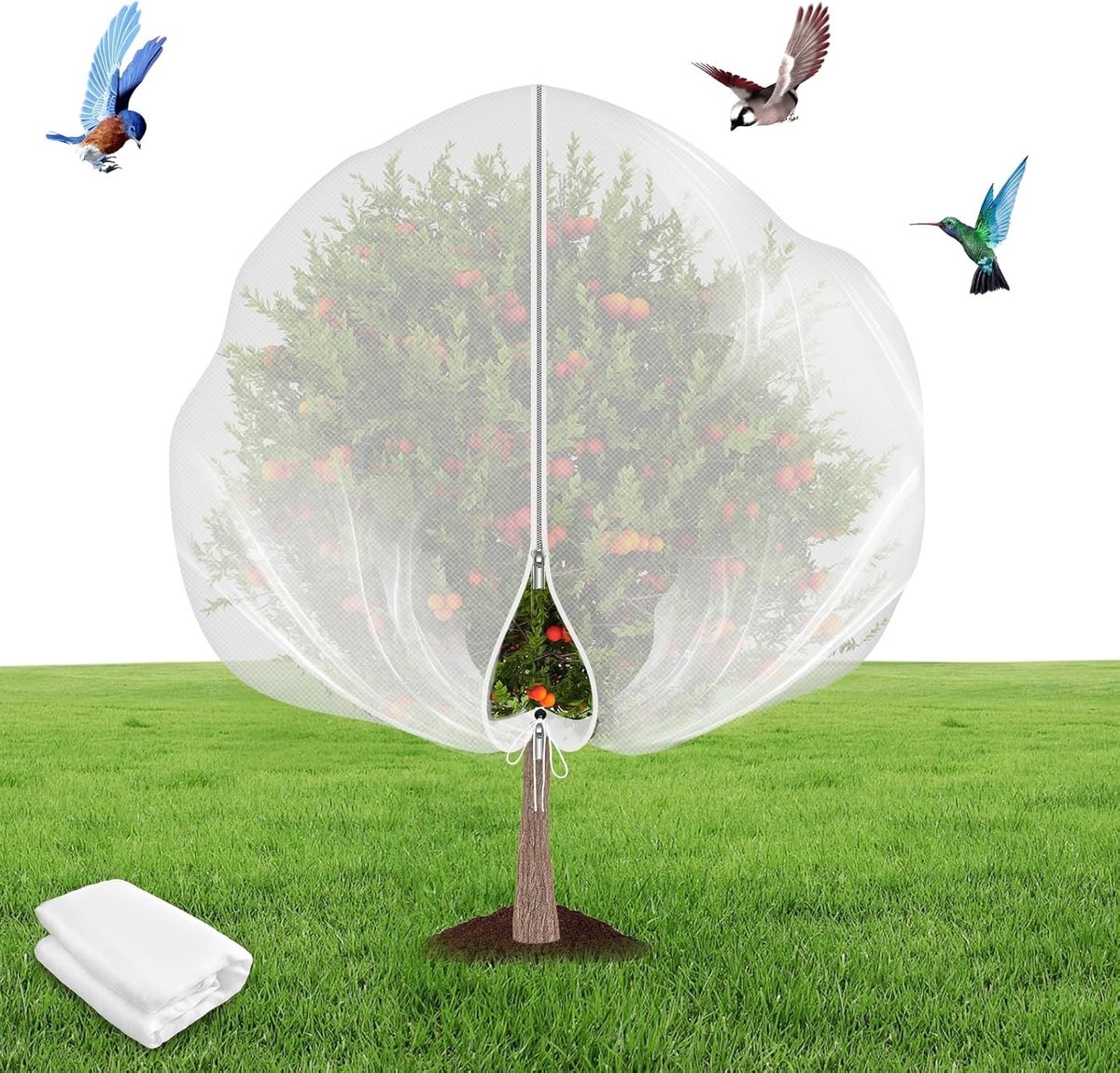 Fruitboomgaas - Wit - 2,4 m x 2,4 m - Fijnmazig Tuinnet met Trekkoord en Rits - Voor Bescherming van Fruitplanten