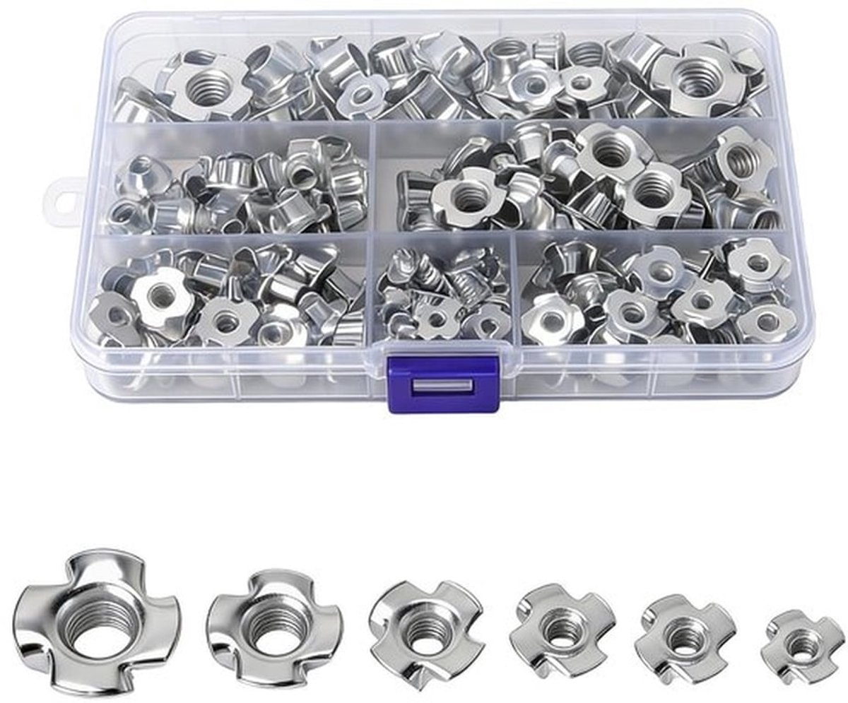 Assortiment van 160 Impact Moeren M3 - M10 - Gegalvaniseerde Vierklauw T-Moeren voor Hout, Ideaal voor Meubelbouw, DIY Projecten en Werkplaatsgebruik