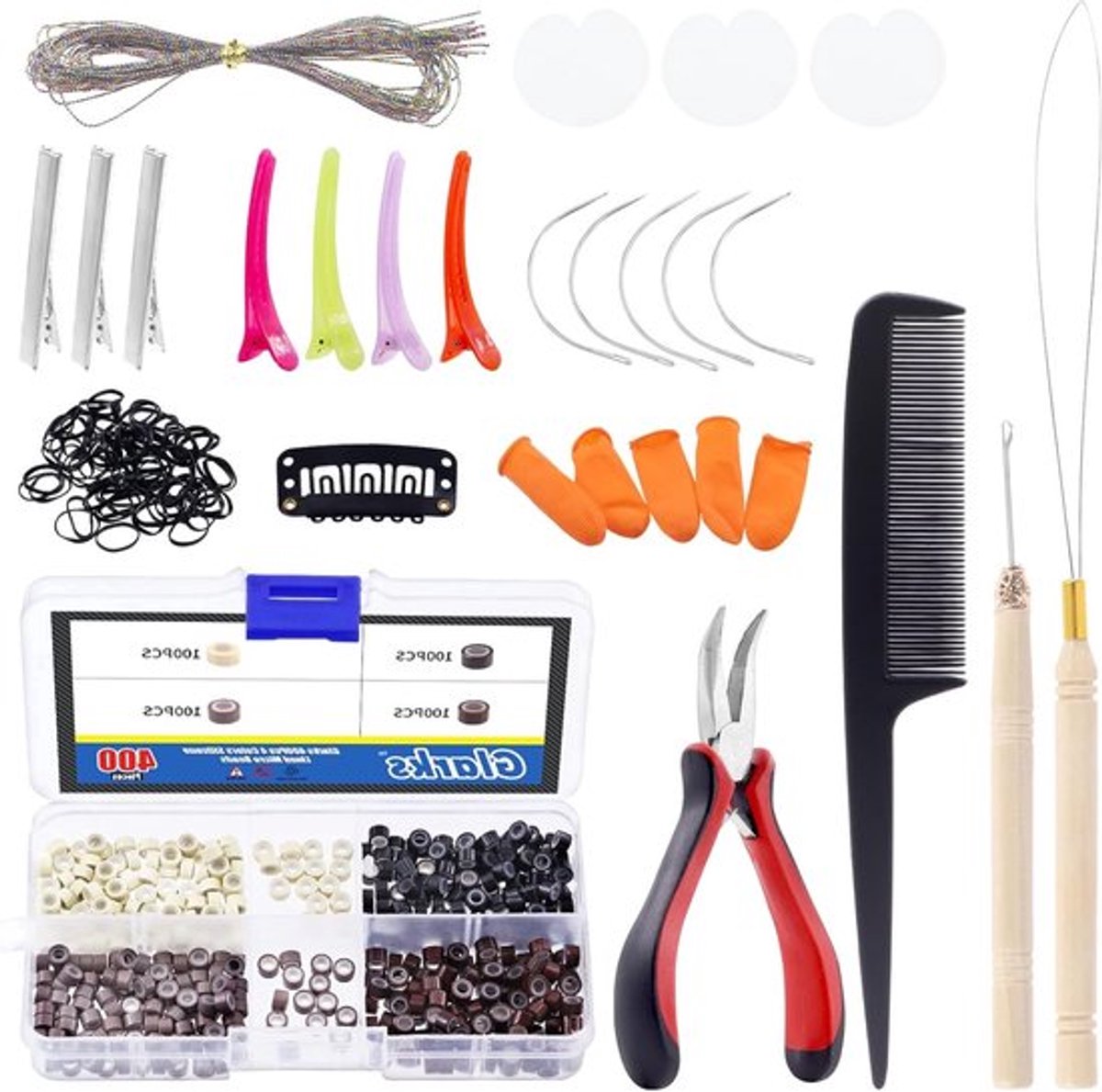Complete Haarstyling Set met 574 Onderdelen, Microring Verbinding, Kleurige Clips en Haarklemmen