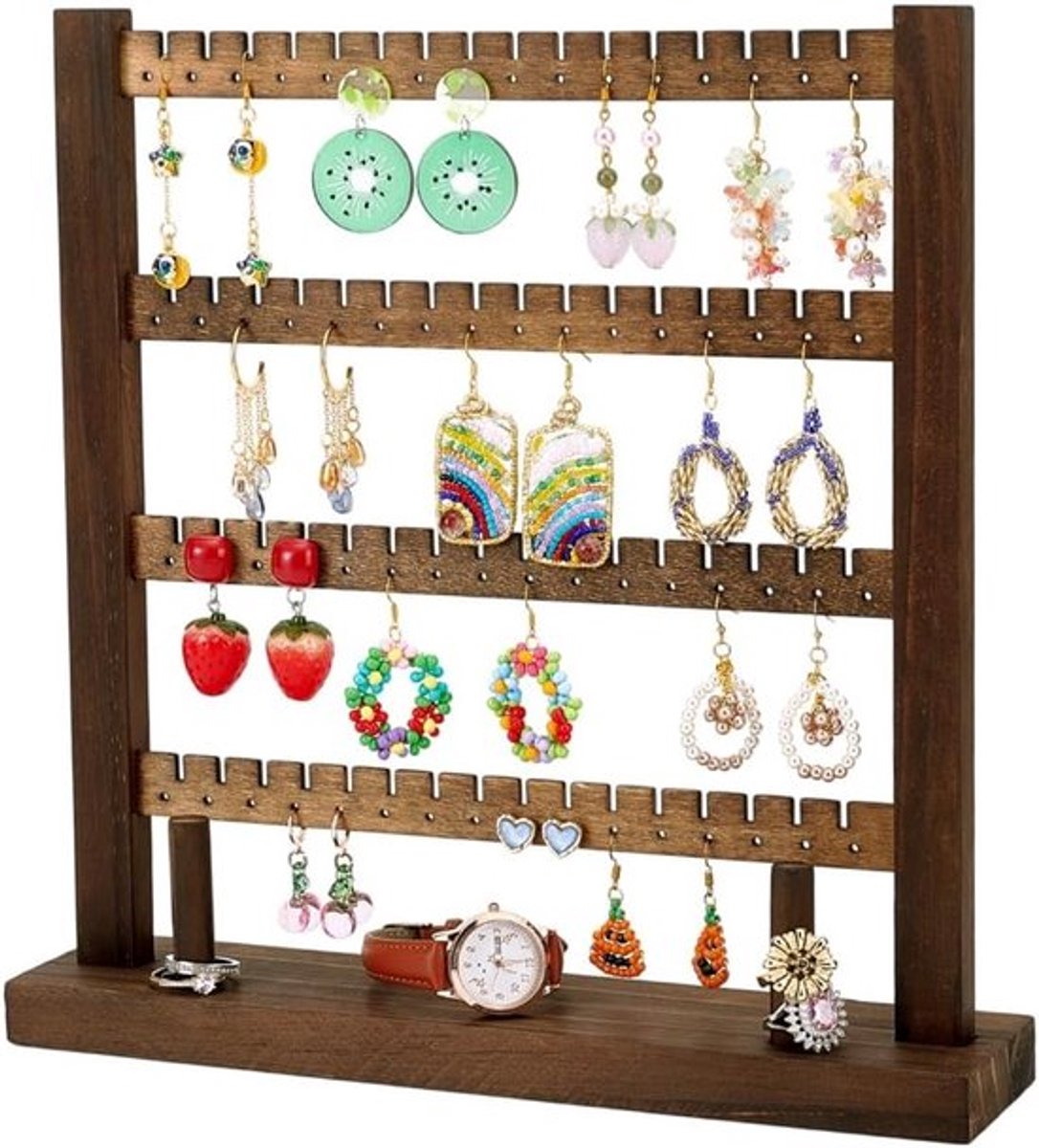 Houten Oorbellen Display Stand met 4 Lagen, Perfect voor Oorbellen, Kettingen en Sieradenverkoop, Geschikt voor 128 Oorbellen en Craft Shows