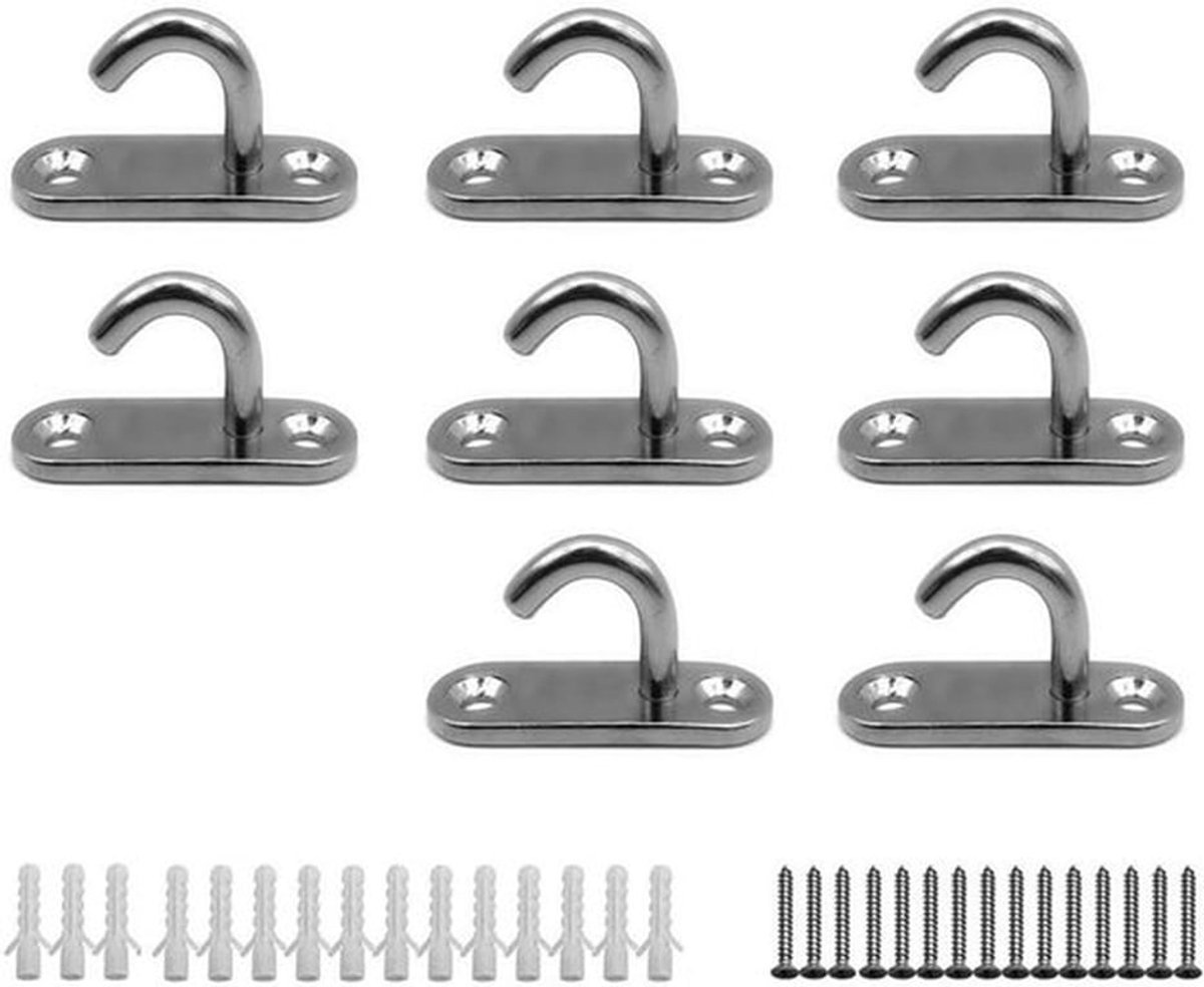 8-delige set RVS pad eye plate met stevige ovalen open haken voor bevestiging van schommels, hangmatten en bootrigging. Perfect voor maritieme toepassingen en wandmontage.