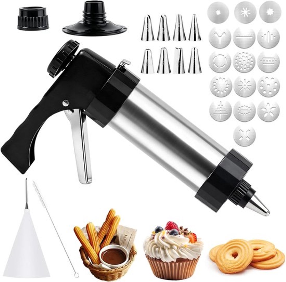 Professionele RVS Cakepers voor het Maken van Decoratieve Koekjes en Taarten met 16 Sjablonen en 9 Spuiten
