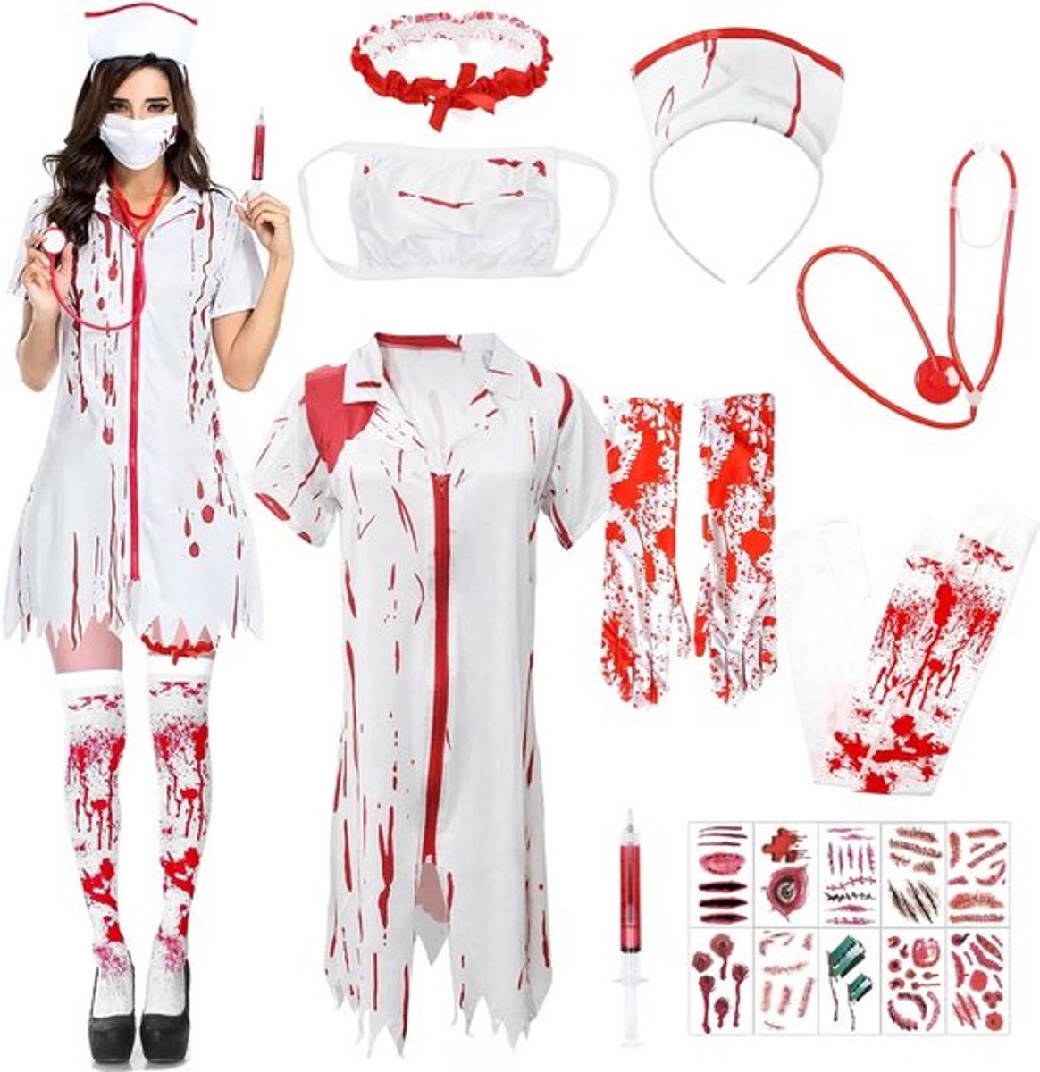 9-delig Halloween kostuum voor vrouwen, zombie verpleegster outfit, bloederig verpleegster kostuum, griezelige bruid, carnaval, feest, cosplay, horror thema