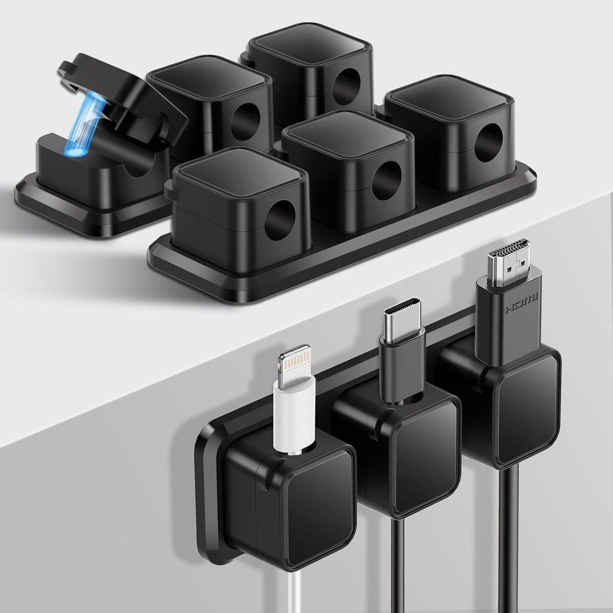 Kabel Organizer Houder - Zwart - 2 x 3 Slots - Magnetische Kabelclip voor Bureau - Voor Thuis en Kantoor