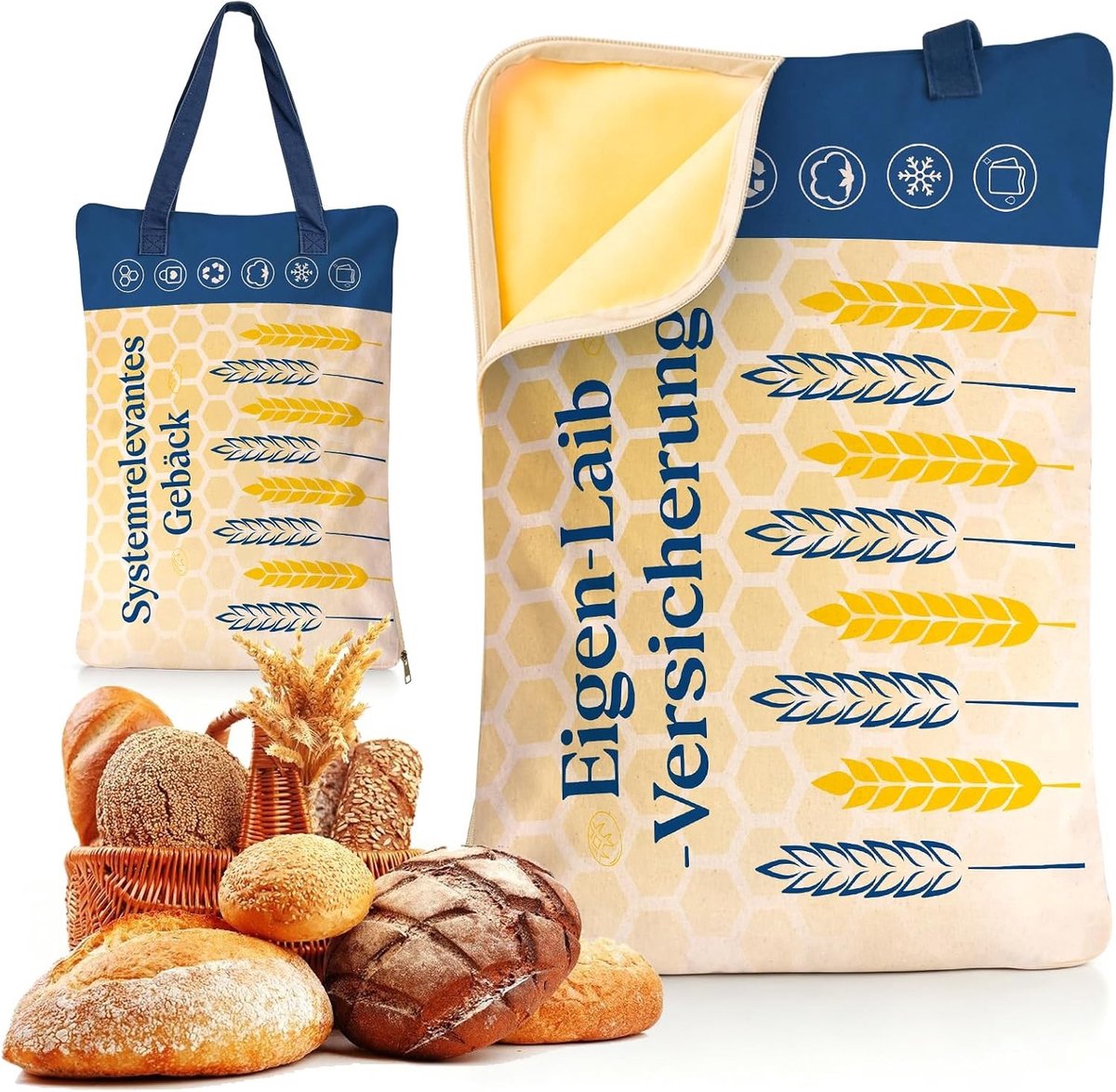 Bijenwas Broodzak - Blauw en Wit - 43 x 34 cm - Herbruikbare Linnen Opbergzak met Ritssluiting - Voor Brood en Gebak