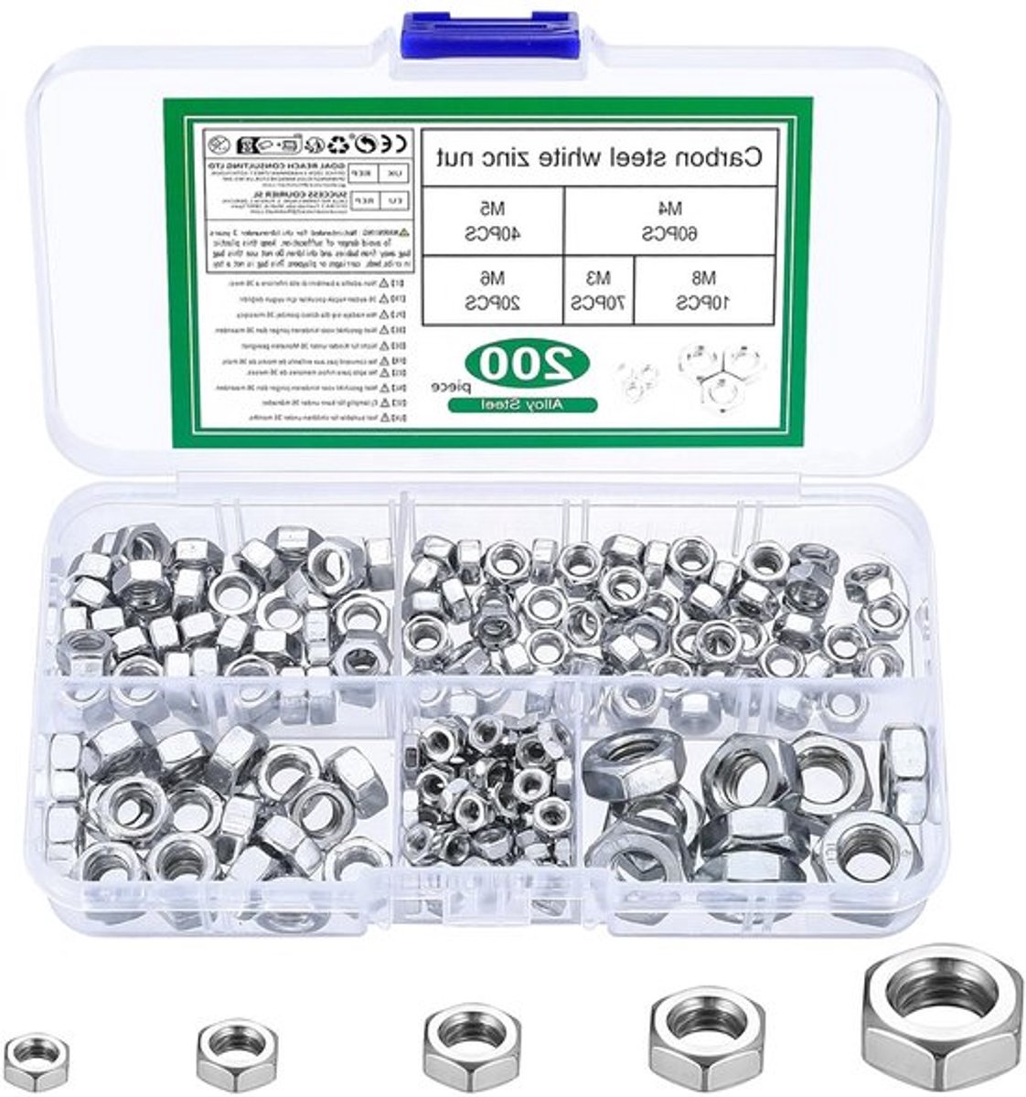 Assortiment van 200 Stuks Hex Moeren M3 M4 M5 M6 M8 van Koolstofstaal voor Schroeven, Bevestigingsmaterialen en Draadstangen