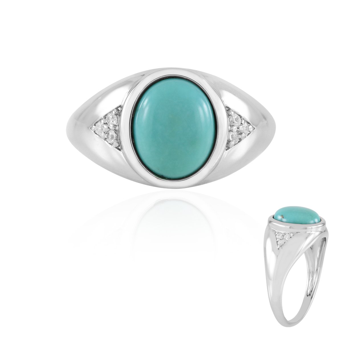 Cavill - Zilveren Ovale Turkoois Ring 2,603 ct - 925 Sterling Zilver met Platinering - Zirkonia 0,124 ct - Elegante Mexicaanse Sieraad
