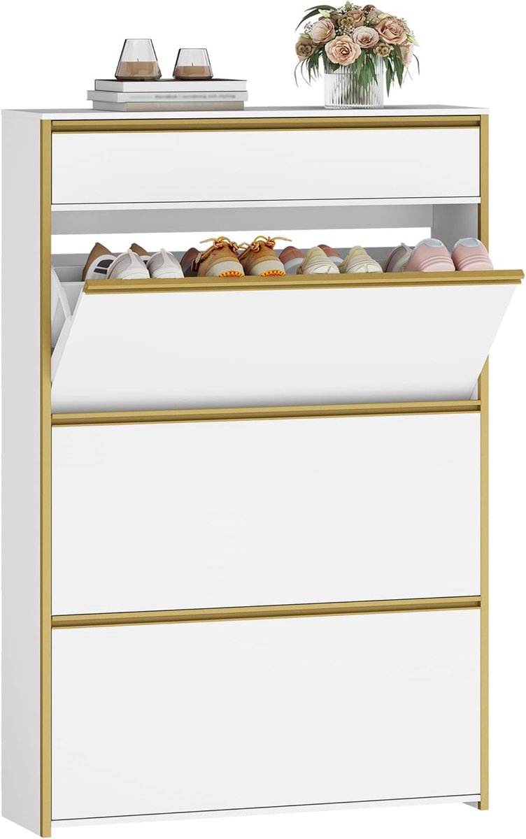 HILINSIE Schoenkast met 3 draaideuren, 80 x 24 x 137,5 cm, witgoud, schoenenrek met lade, smalle schoenenkast met 6 planken, verstelbaar, voor gangen, entrees, kledingkasten