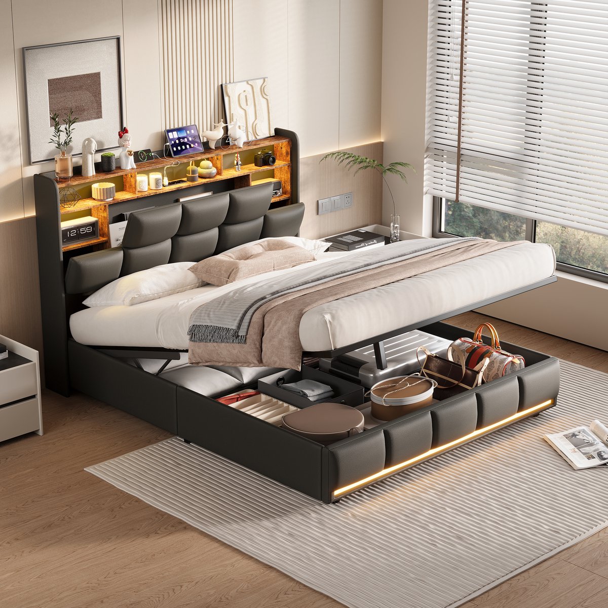 Tweepersoonsbed 160x200 cm, opbergbed met led hoofd- en voeteneinde, pu bed met opbergruimte in hoofdbord, gasveer en usb aansluiting, zwart, zonder matras