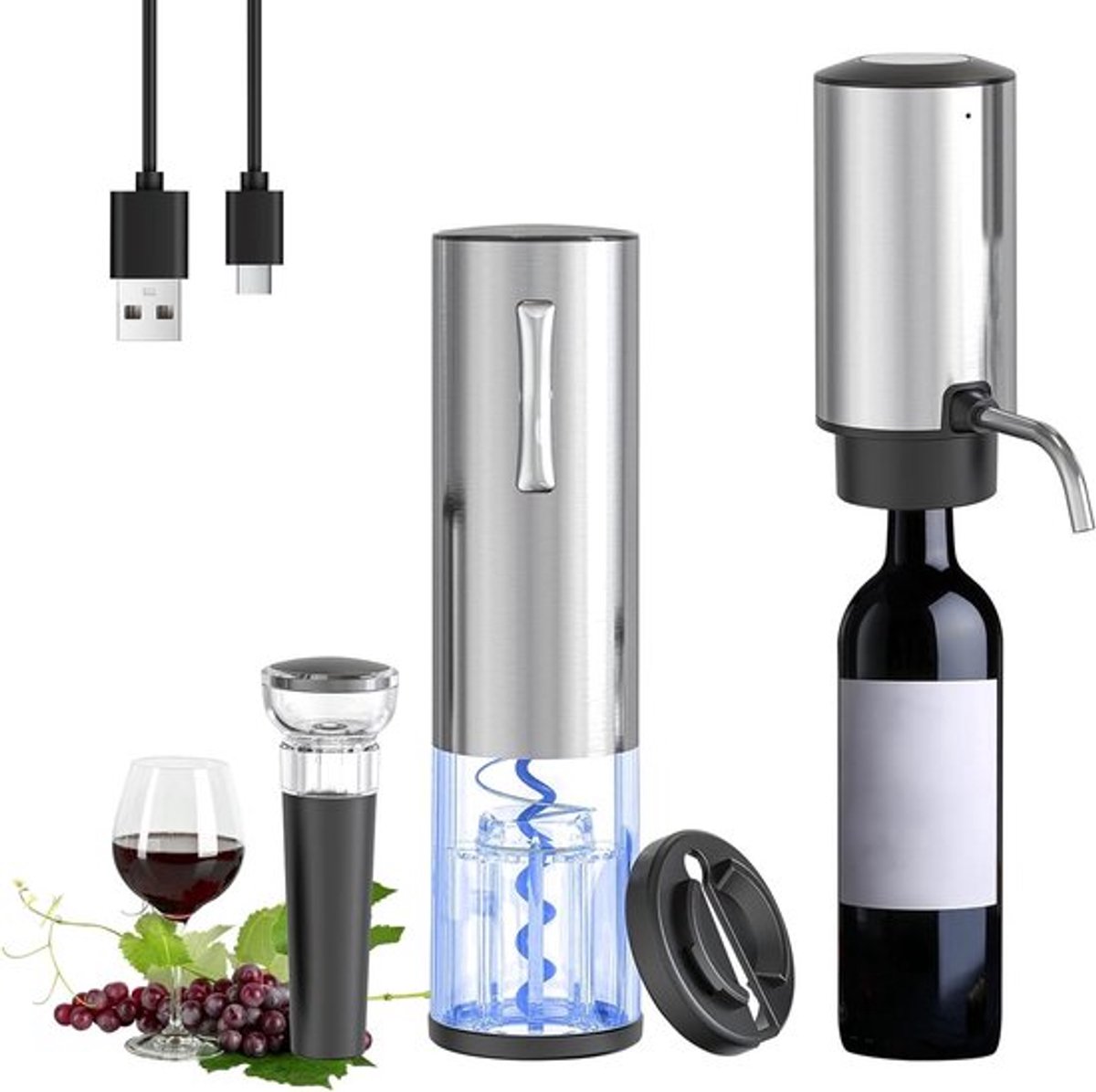 Elektrische Wijnkurkentrekker Set met Giettuit, Foil Cutter en Vacuümpomp - Perfect voor Thuis, Bar en Cadeaus
