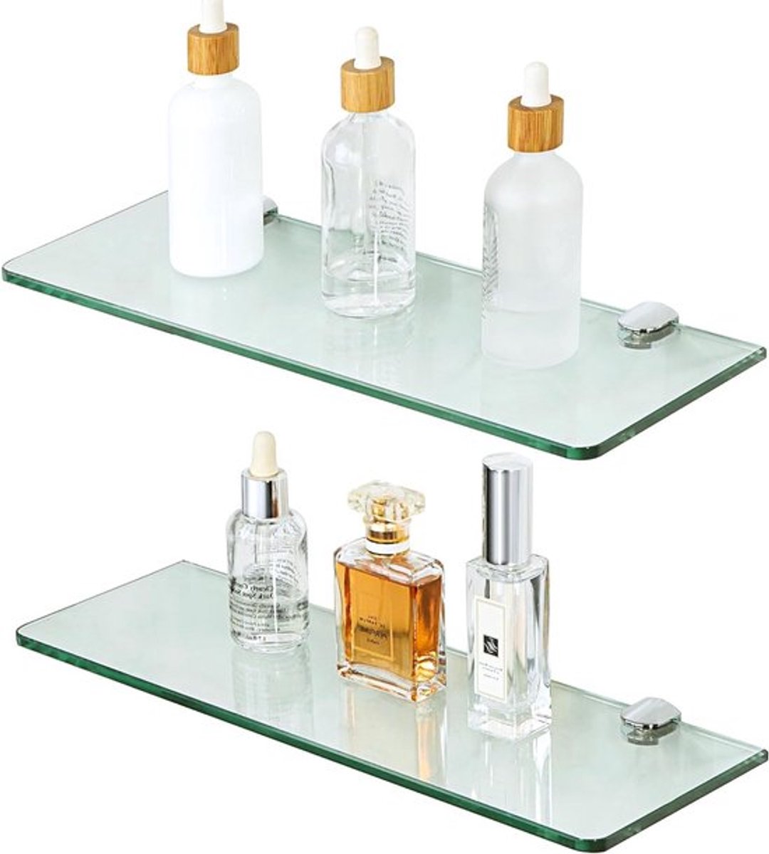 2-Pack Wandgemonteerde Badkamerschappen van 7MM Tempered Glas met Chroom Beugels - Ideaal voor Opbergruimte en Decoratie, 380MM Lengte