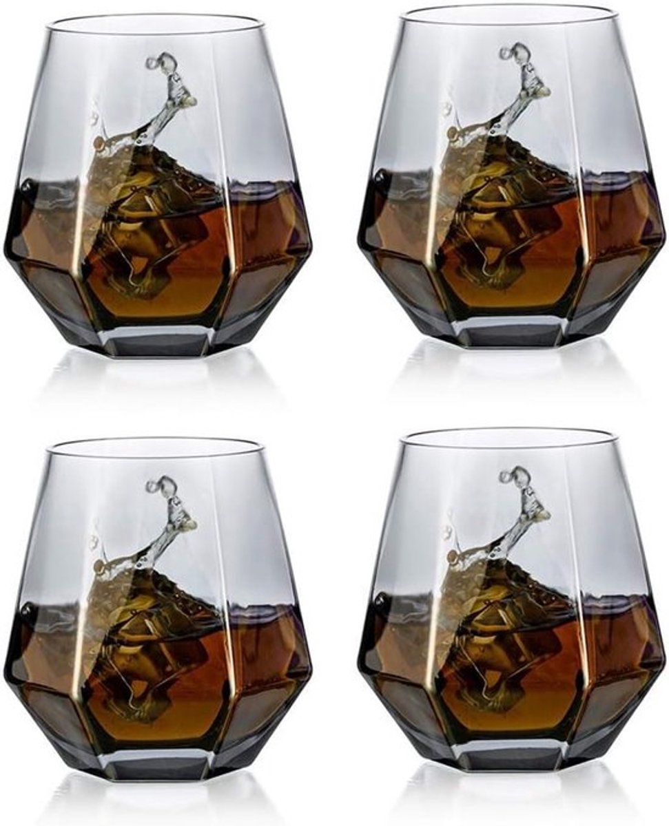 Set van 4 Diamantvormige Whiskey Glazen - Moderne Tumbler voor Whisky, Bourbon en Rum - 300ml Capaciteit voor Water en Sap