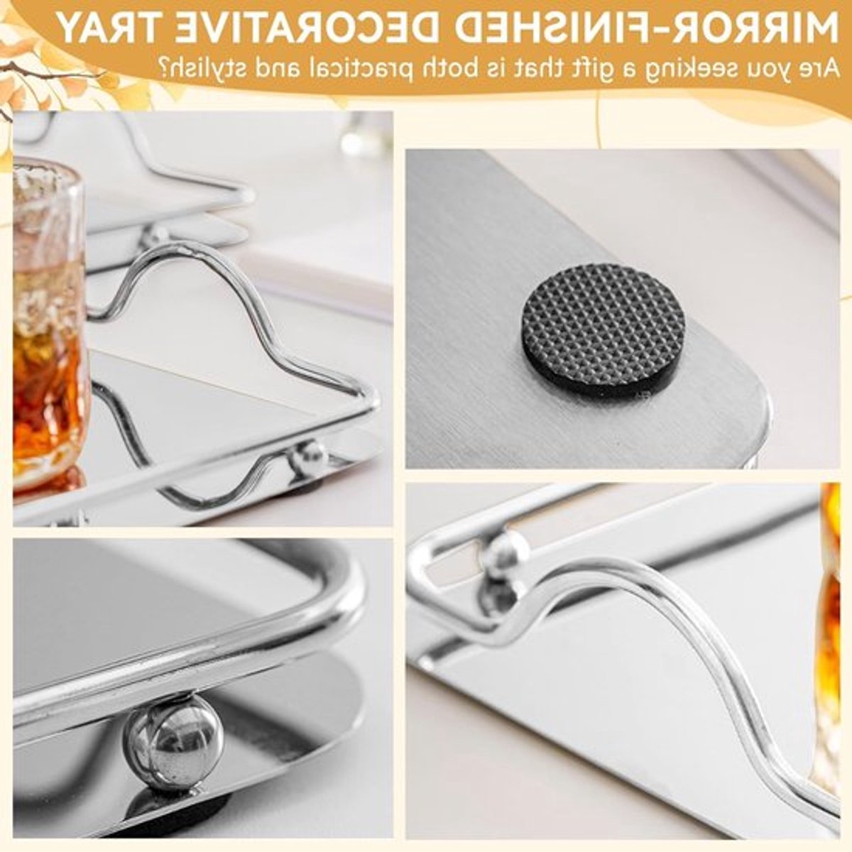 Decoratieve Ronde Spiegel Tray van RVS, 34.5 x 19.5 cm, Met Handvat en Rand, Perfect voor Make-up en Sieradenopslag