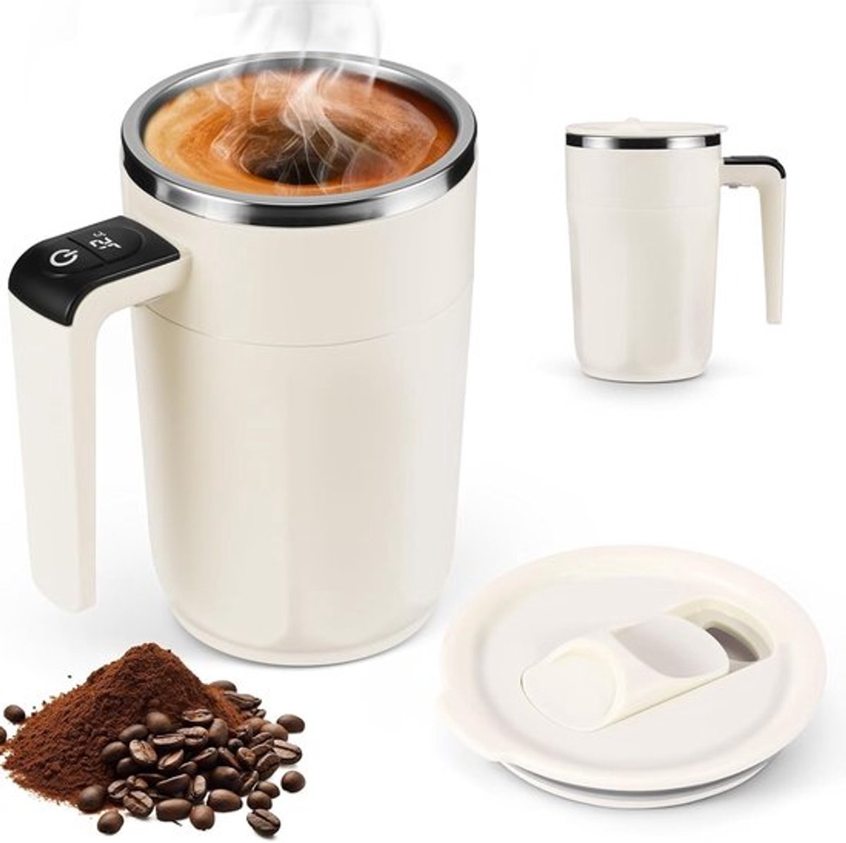 Zelfroerende Mok met Deksel, 400 ml, Roestvrijstalen Koffiemok met Temperatuurweergave, Oplaadbare Slimme Mok voor Koffie, Melk en Warme Chocolade
