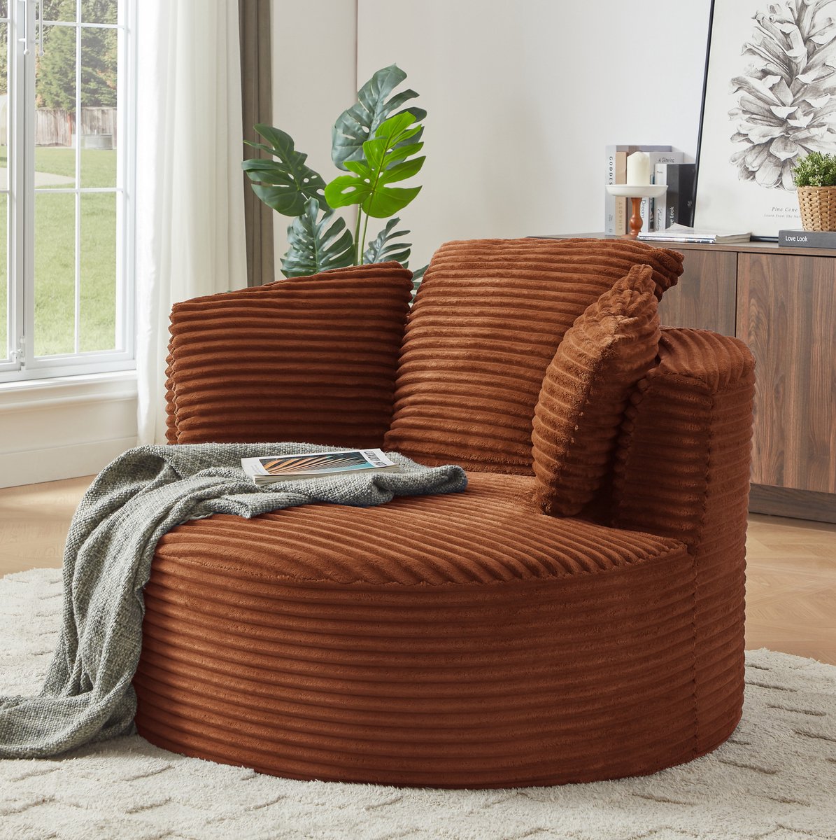 MEUNIQ ronde fauteuil van corduroy in oranje, met armleuningen, diepe zit en zachte vulling voor woonkamer, slaapkamer of thuiswerkplek Orange