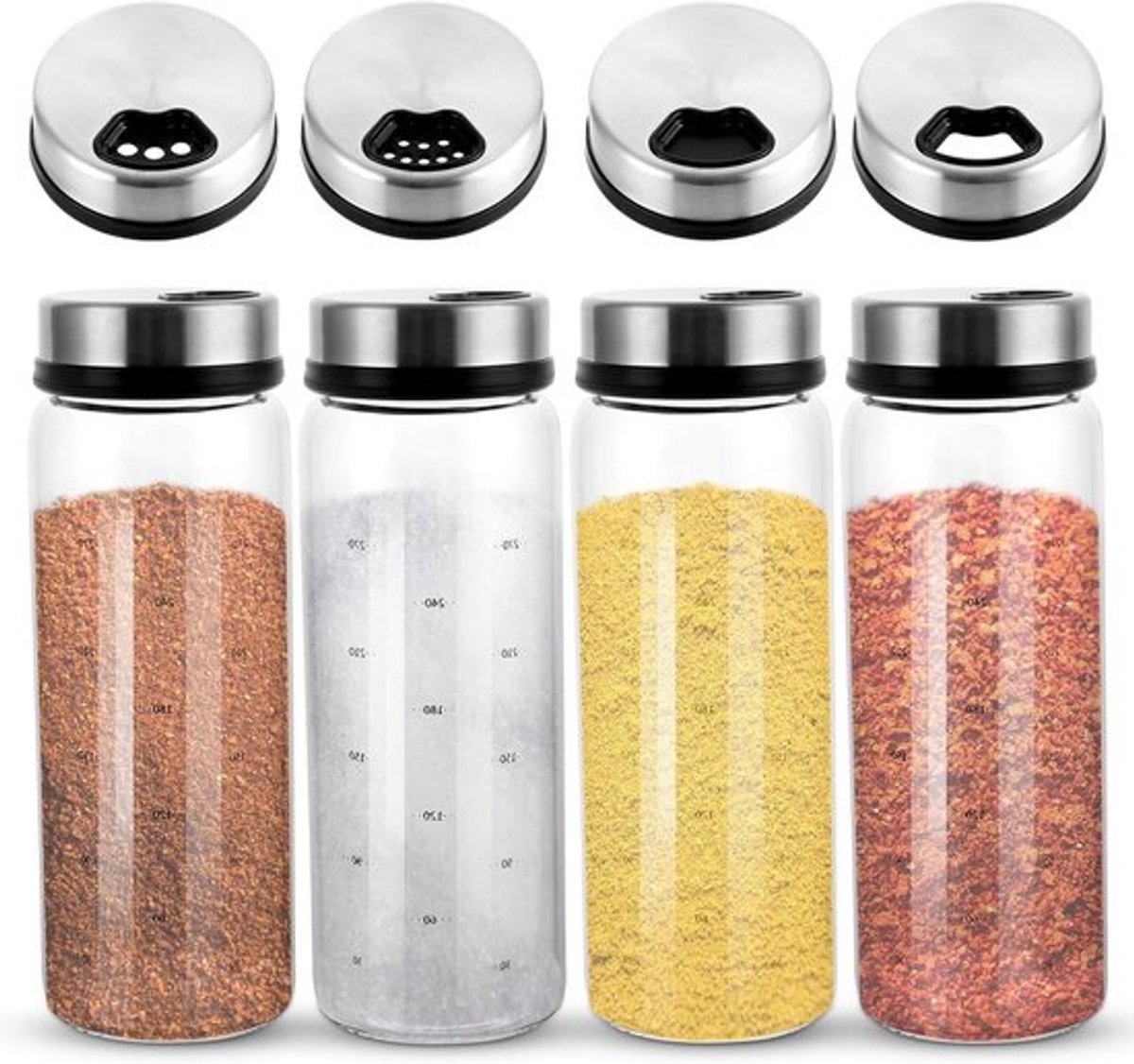 Set van 4 Kruidenspotjes met Draaidop - 300 ml Peper- en Zoutstrooiers van Borosilicaatglas voor Keuken en Buiten koken