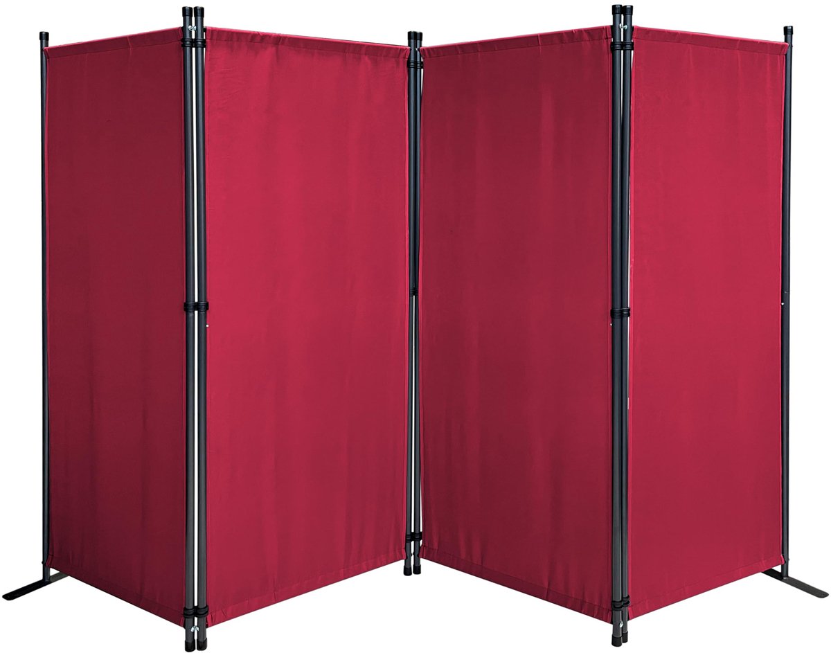 Famanu Paravent 4-delig van stof, 170 x 220 cm, kamerverdeler en scheidingswand voor tuin en balkon, ondoorzichtig en opvouwbaar in robijnrood
