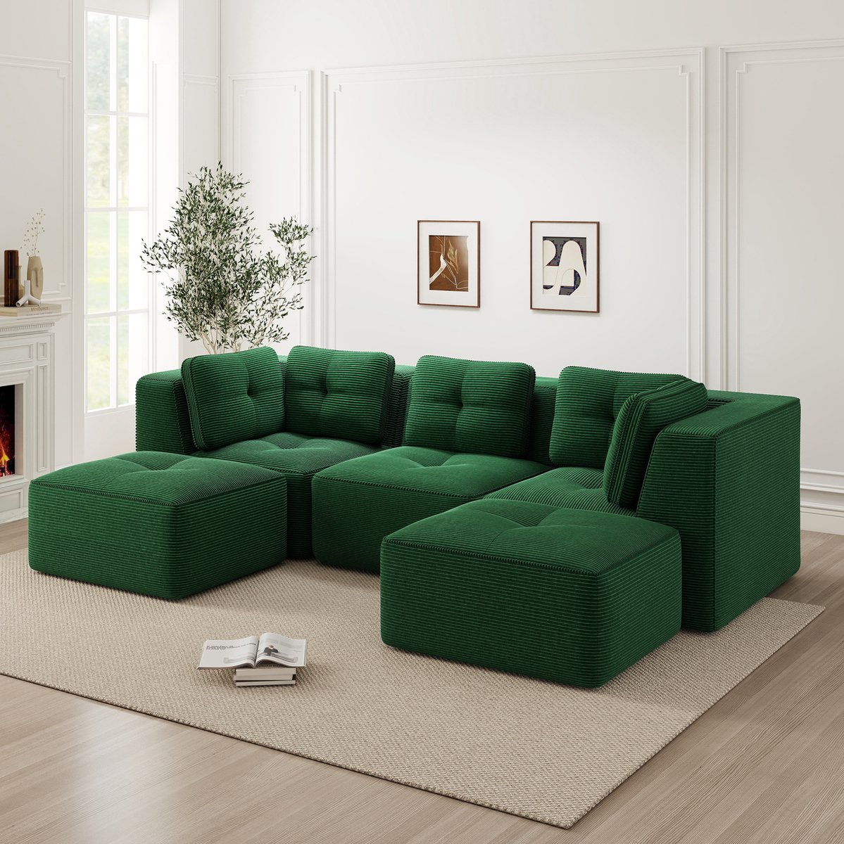 DESMIU U Bank 297 Cm - Modulaire 3 Zits Hoekbank Met Ottomane Zonder Montage En 74 Cm Zitdiepte - Voor Woonkamer - Corduroy - Groen