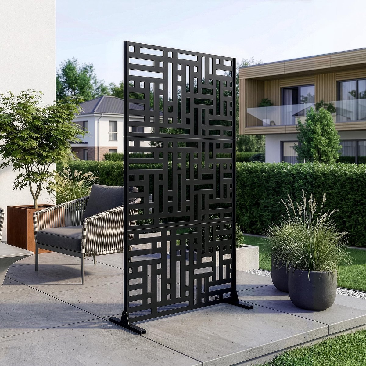 Famanu – Scheidingswand van staal voor privacy en windbescherming, 180 x 90 x 40 cm, zwart, ideaal voor tuin, balkon en interieur