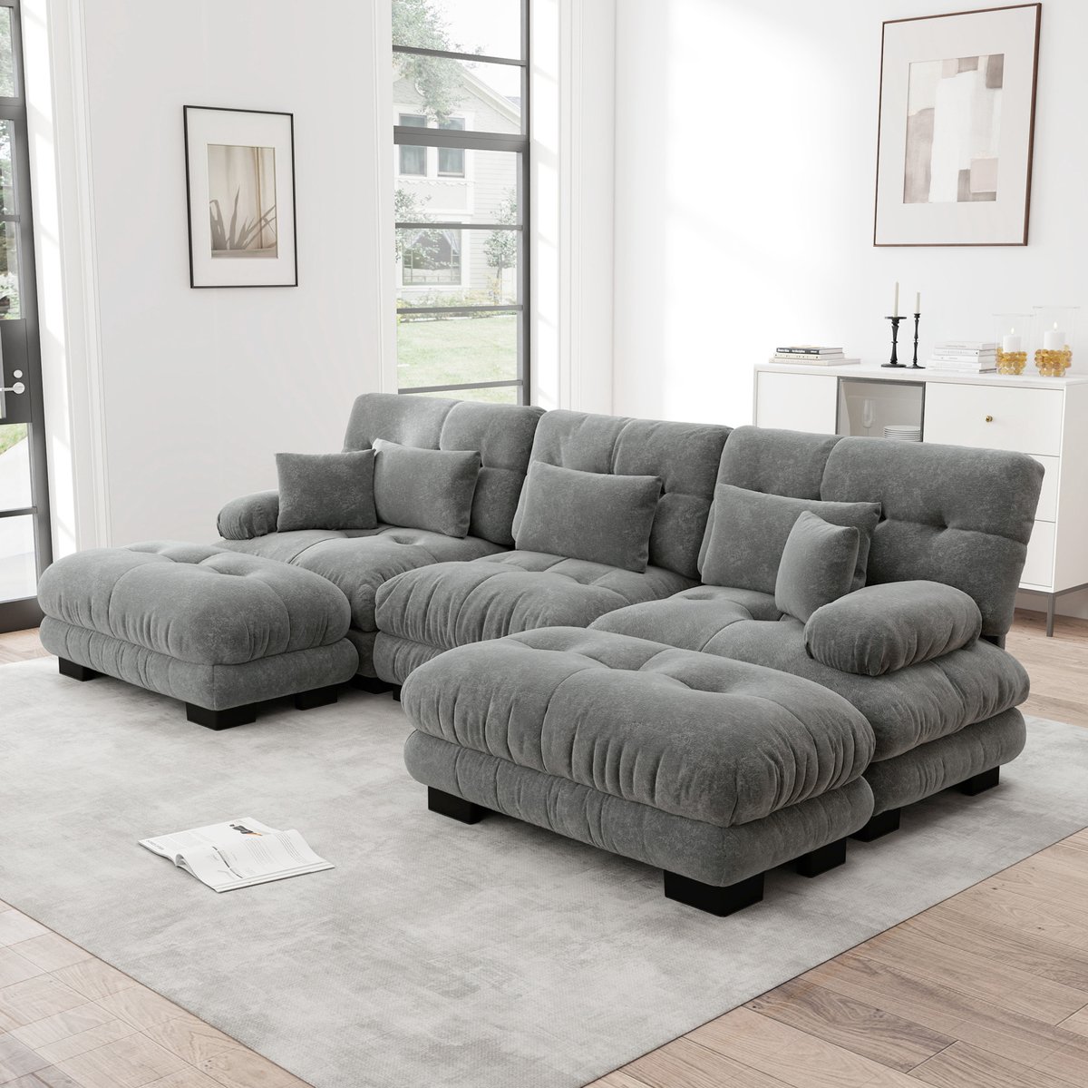 DESMIU Bank - U-Bank 313 X 145 X 81 Cm - Modulaire Hoekbank Met Verplaatsbare Ottomans En Kussens - Voor Woonkamer En Lounge - Chenille - Grijs