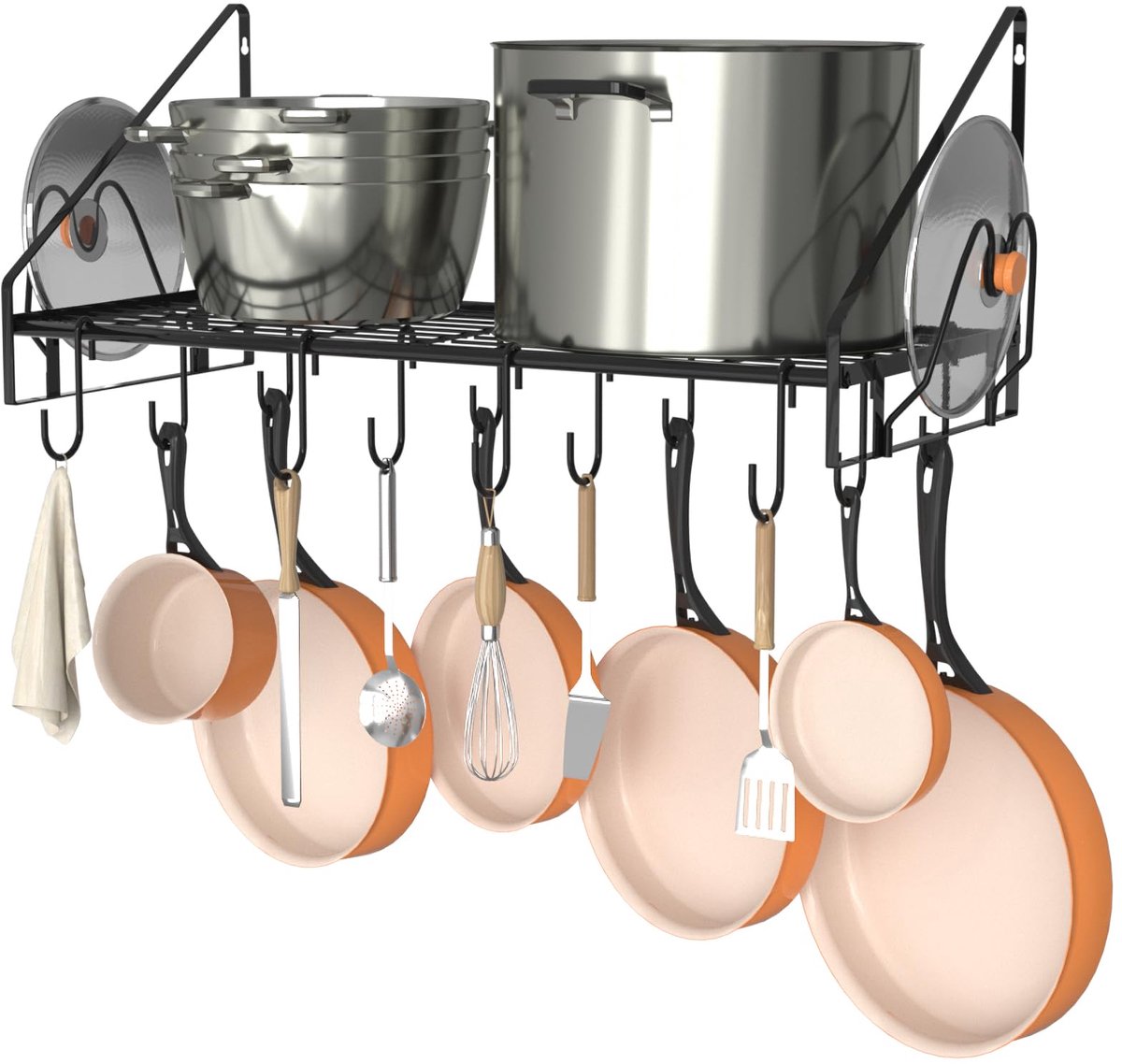 Famanu – Hangend pannenrek voor potten en pannen, organizer met wandmontage, 12 haken en 2 dekselhouders, robuuste stalen pannenhanger voor de keuken