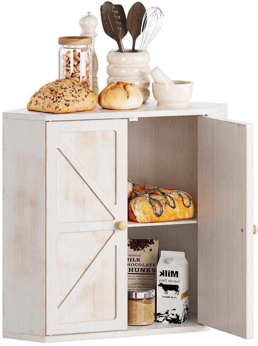 Famanu – Bamboe hoekbroodtrommel, 2 etages, 31 x 31 x 42 cm, retro wit, ideaal voor het bewaren van brood