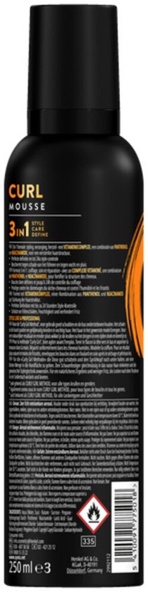 Aérosol noir avec texte jaune et blanc, 'CURL MOUSSE 3IN1 STYLE CARE DEFINE'. Arrière.