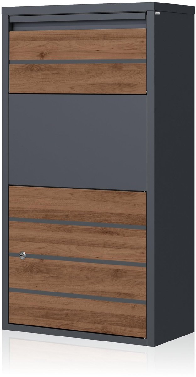 Famanu – Brievenbus met pakketvak in walnoot en antraciet 7016, gepoedercoat staal, wand- en vloermontage