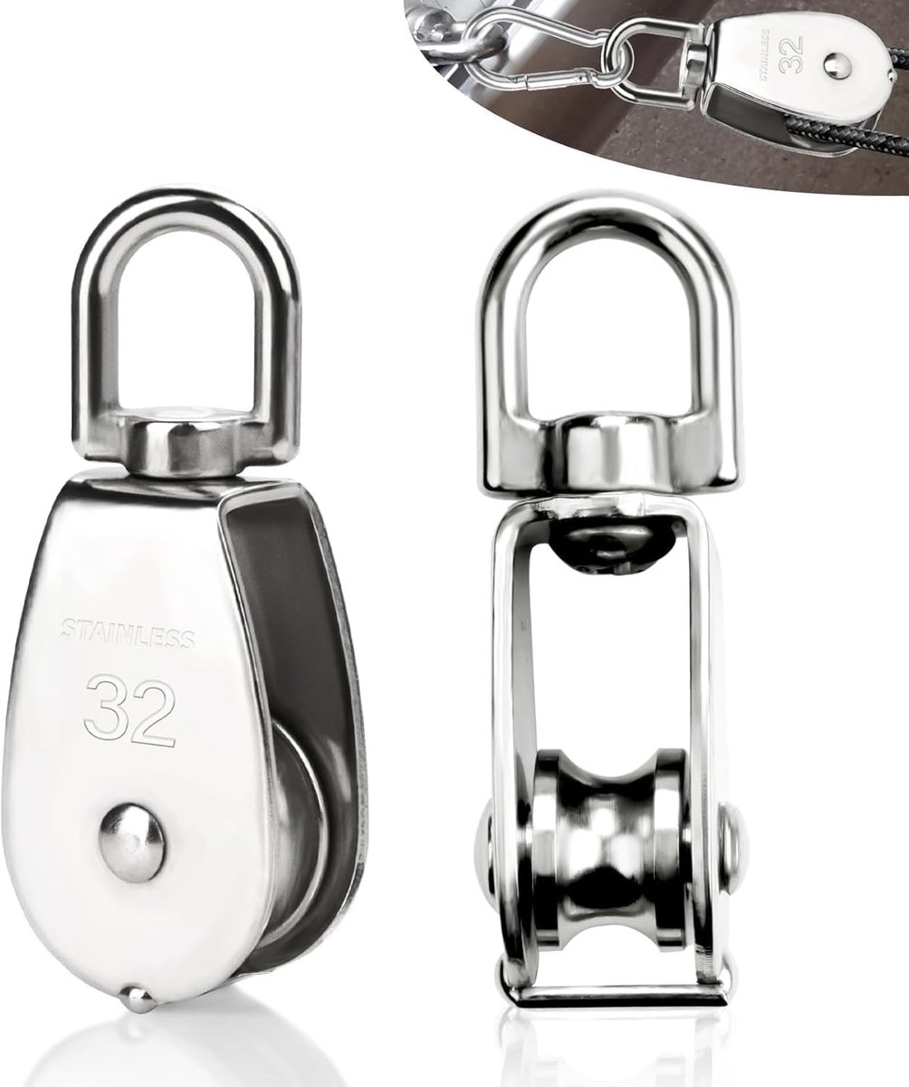 32 mm Pulley Set van 2 Stuks, Riemen Pulleys met een Laadcapaciteit van 250 kg, RVS Kabelrollen voor Fitness en Toepassingen tot 12 mm