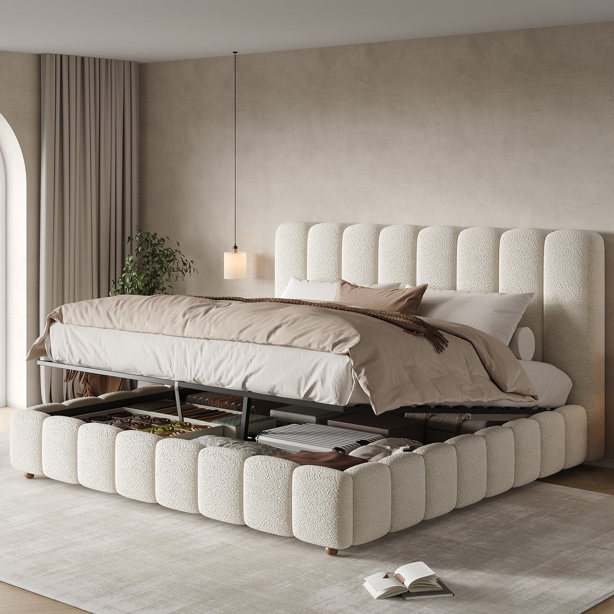 PHOEBE CAT Tweepersoonsbed - 160 × 200 cm - Gestoffeerd hoofdeinde - Opbergruimte - Bouclé-stof - Wit