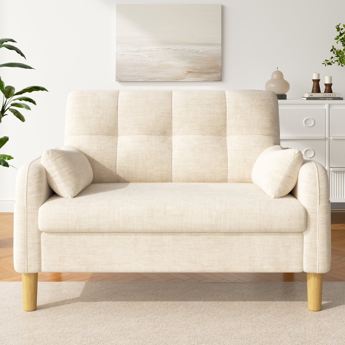 VVBV 2-Zitsbank 119x78x85 cm - Zijvak voor Opbergruimte, Hoge Rugleuning - Beige, Chenille