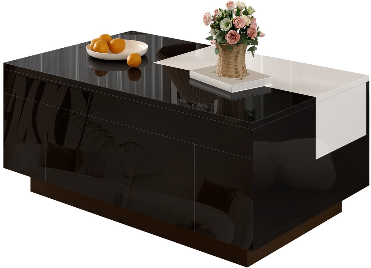 Merax Uitschuifbare Salontafel met Ledverlichting en Opbergruimte – Hoogglans Zwart/Wit – 80 x 50 x 35,5 cm