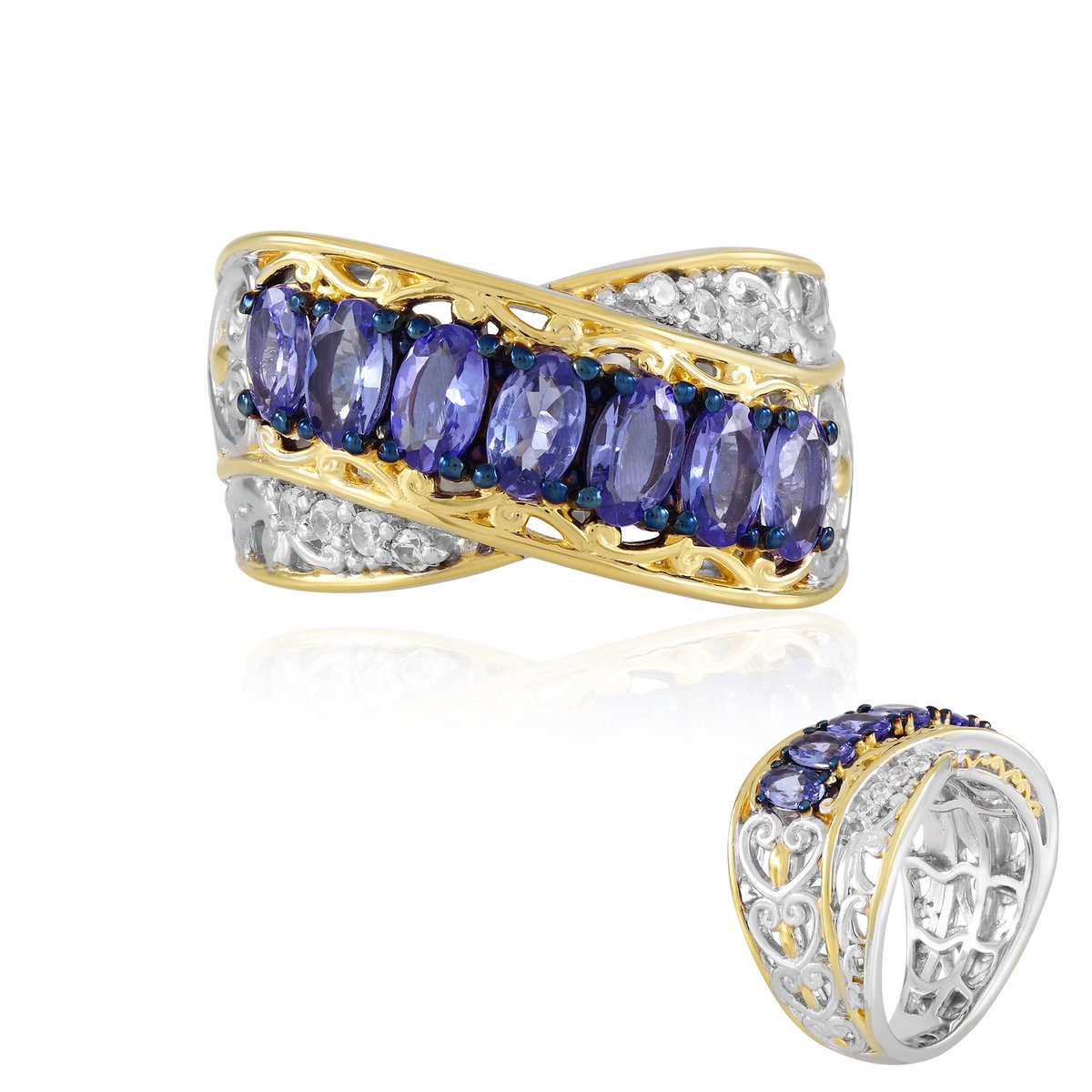 Cavill - Luxe Zilveren Ring 925 Sterling met 7 Ovale Tanzanieten 1,7 ct & Rond Zirkonia - Elegante Blauwe Edelsteen Sieraad Dames